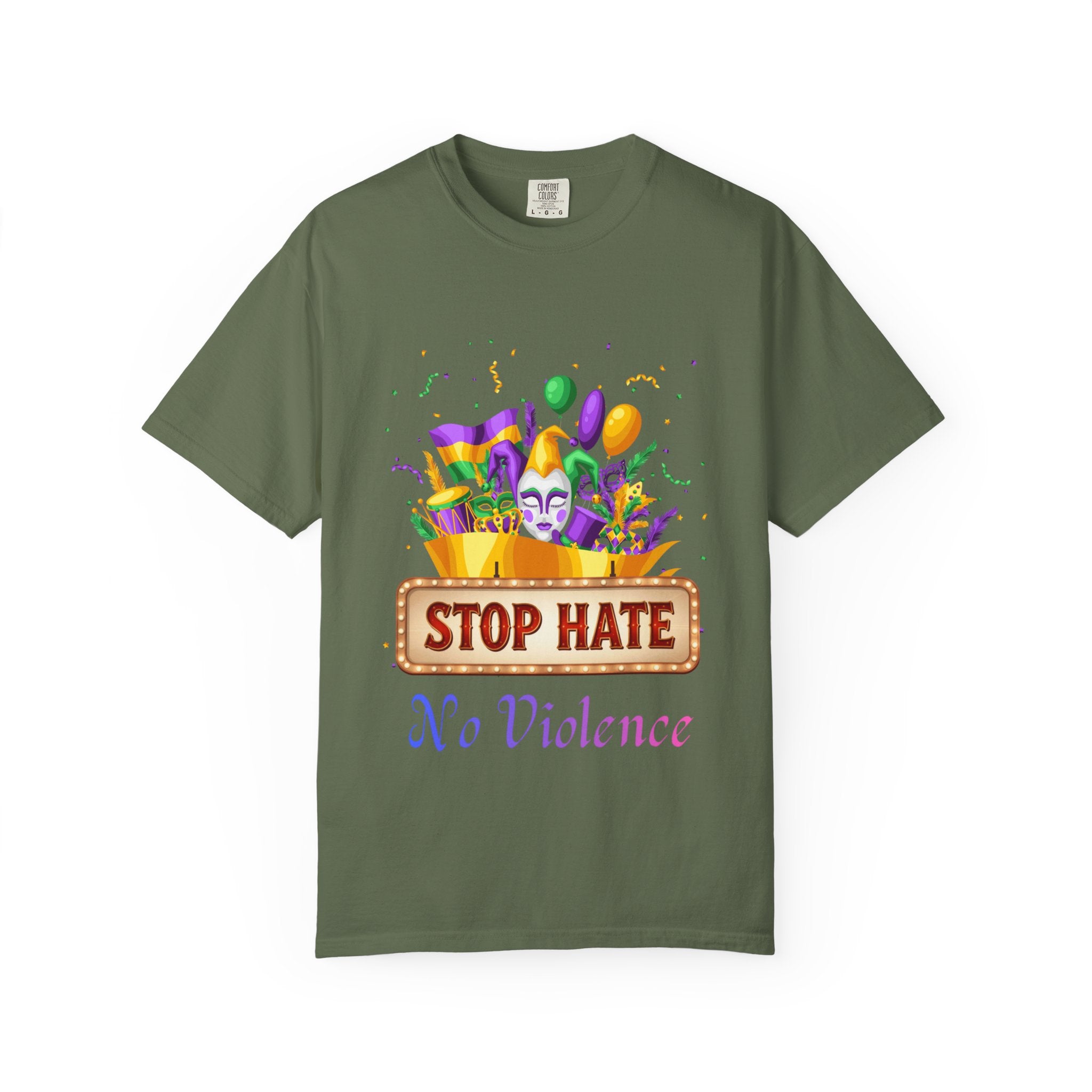 T-Shirt — "Stop Hate, No Violence" Mardi Gras Parade Design