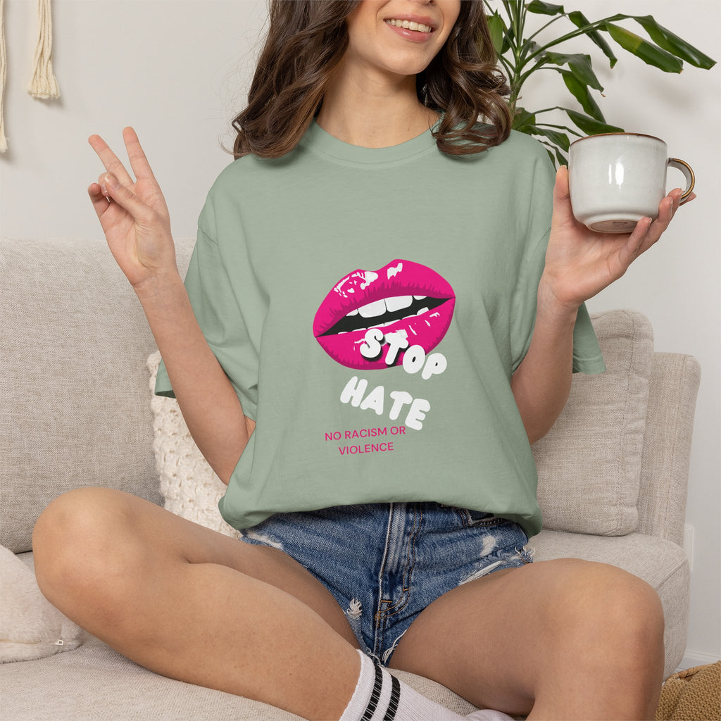 T-Shirt — Pink Lip 'Stop' Graphic Tee (No Racism or Violence)