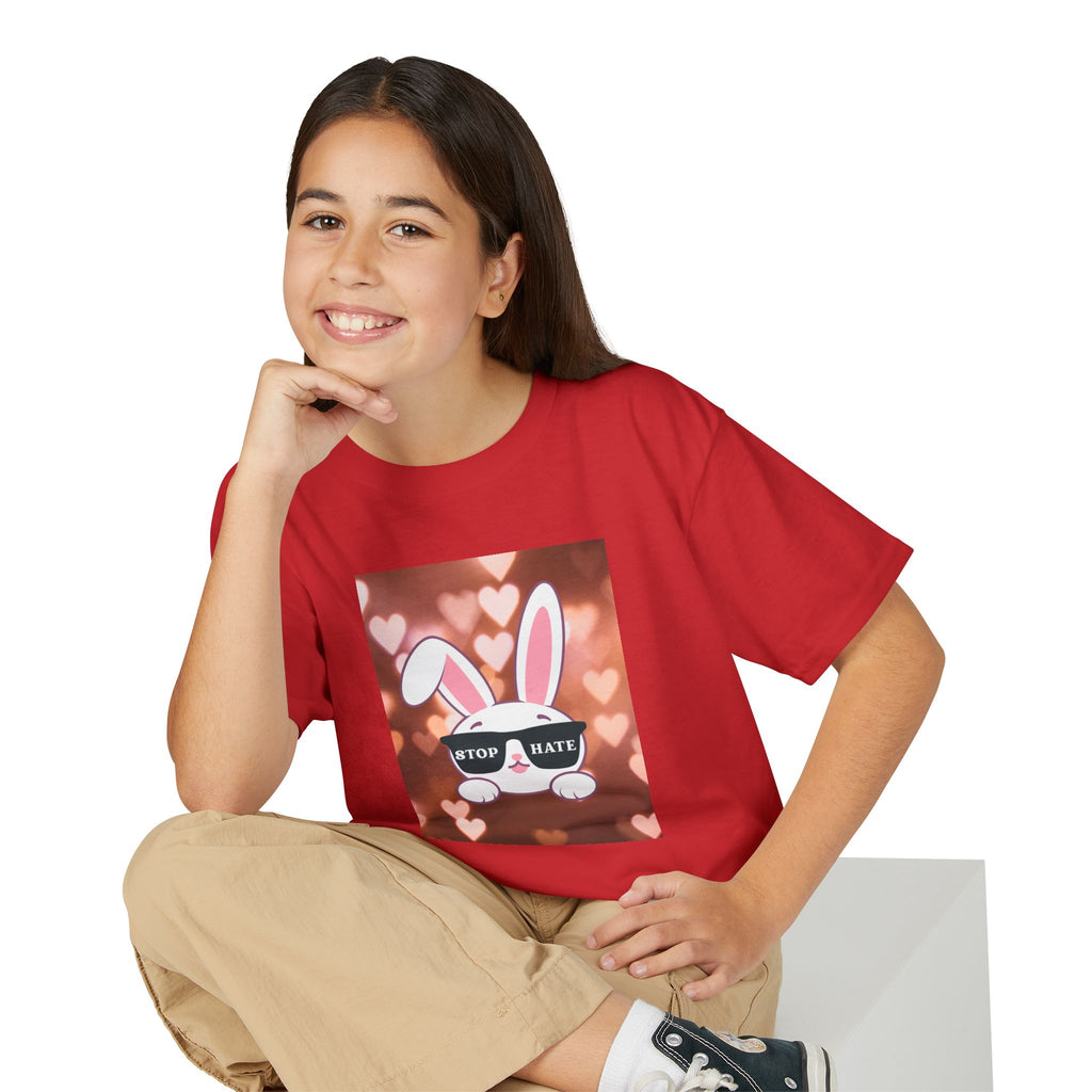 Youth T-Shirt — Cute Bunny with 'Stop the Hate' Sunglasses | Kids Anti-Bullying Tee