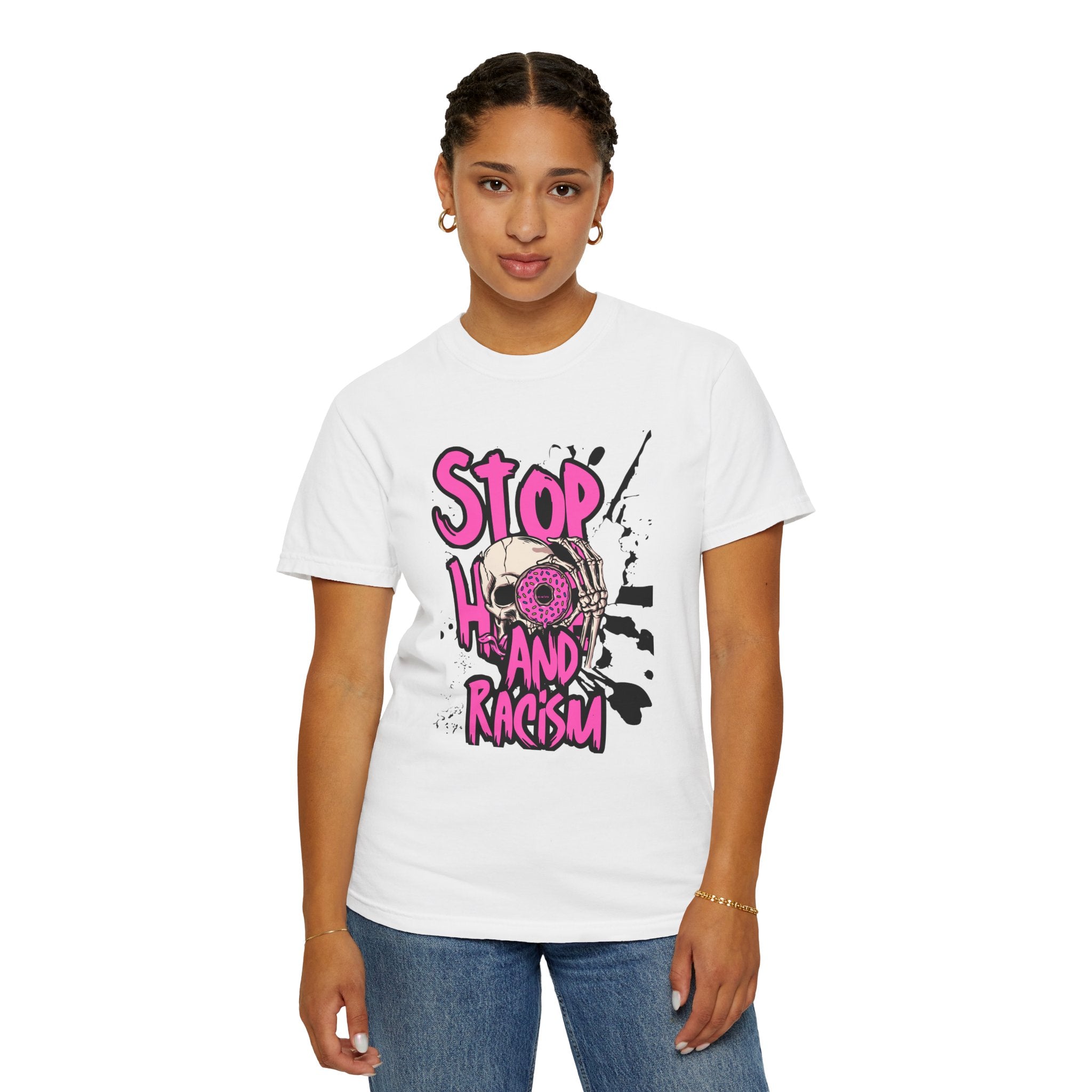 Stop H8 and Racism Graphic Tee — Anti-Racism Skull Donut Protest T-Shirt