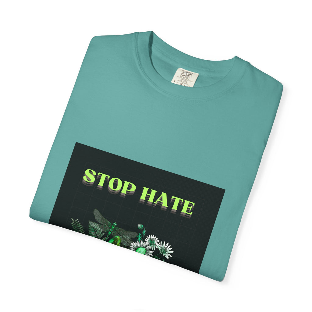 Stop Hate Skull T-Shirt — Green Floral Skull Graphic Tee