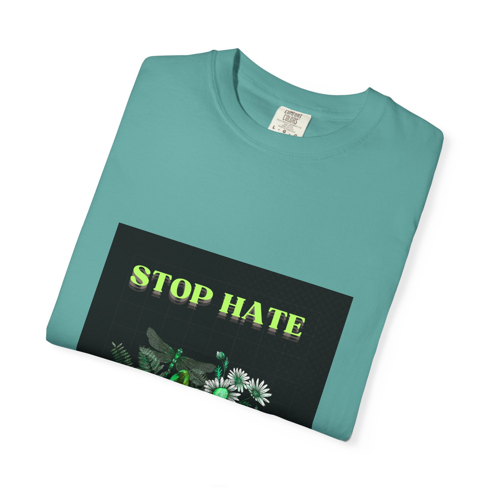 Stop Hate Skull T-Shirt — Green Floral Skull Graphic Tee