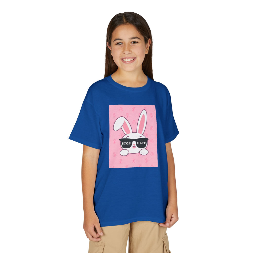 Youth T-Shirt — Pink Bunny Wearing "Stop Hate" Sunglasses Kids Tee