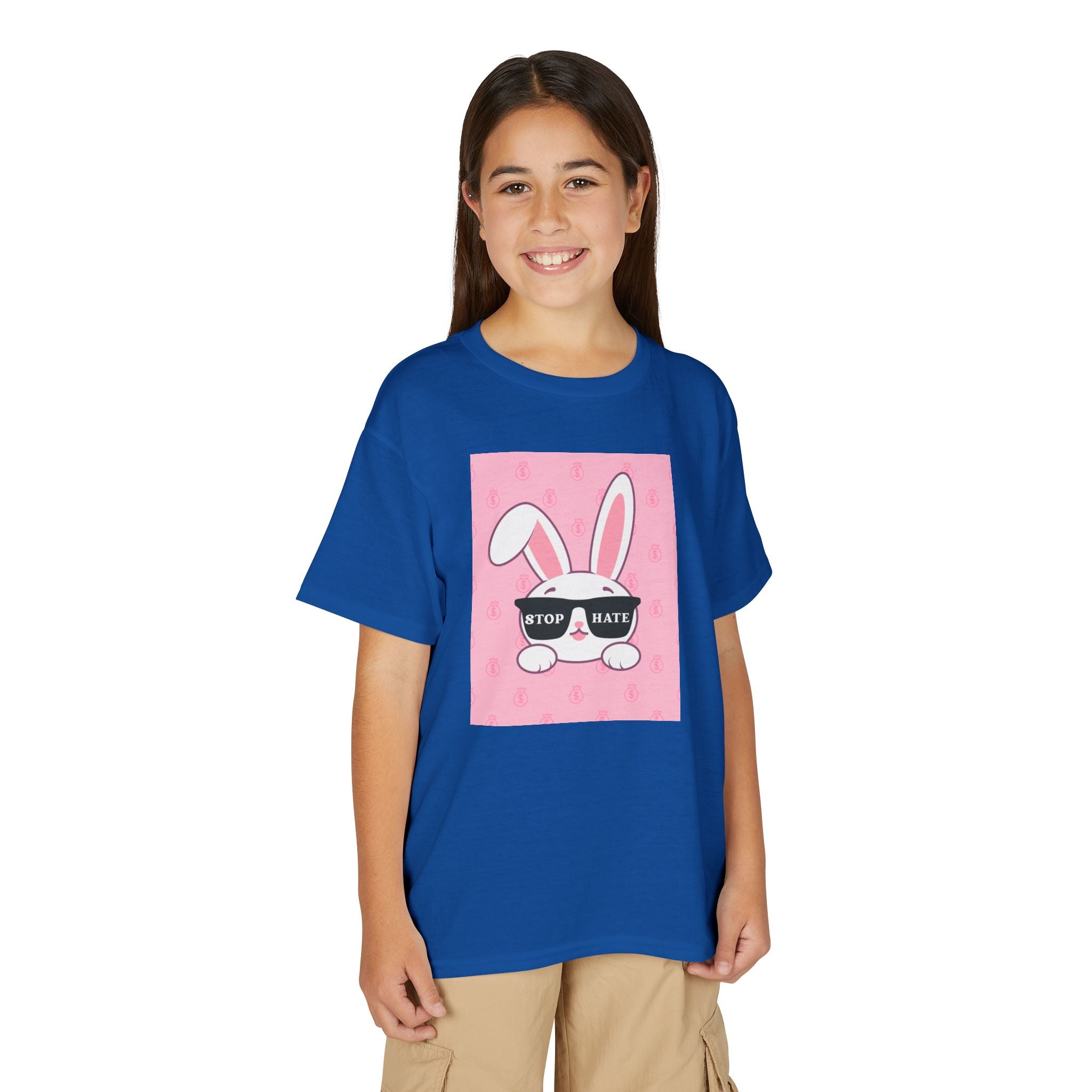 Youth T-Shirt — Pink Bunny Wearing "Stop Hate" Sunglasses Kids Tee