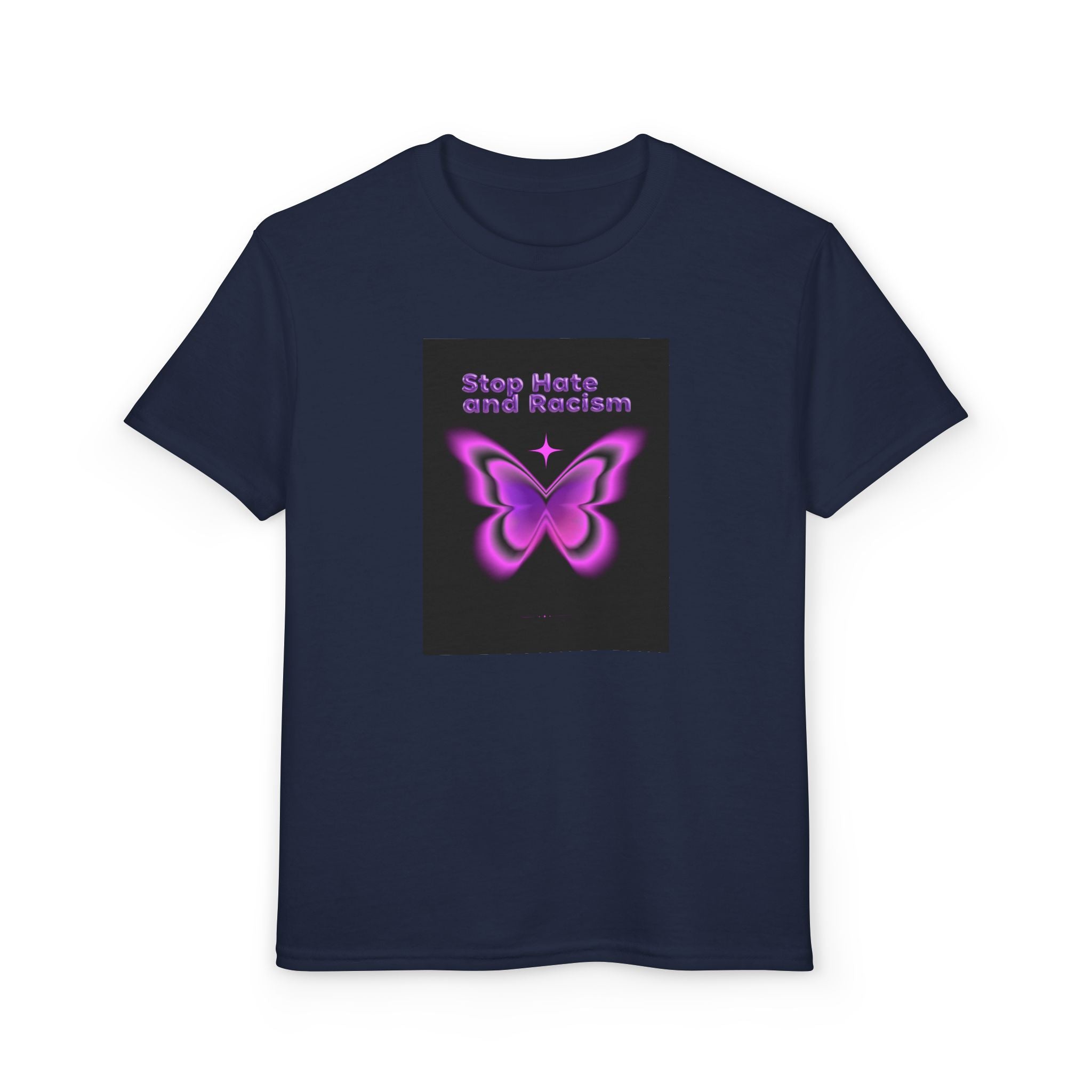 Youth T-Shirt — "Stop Hate and Racism" Pink Butterfly Anti-Racism Tee