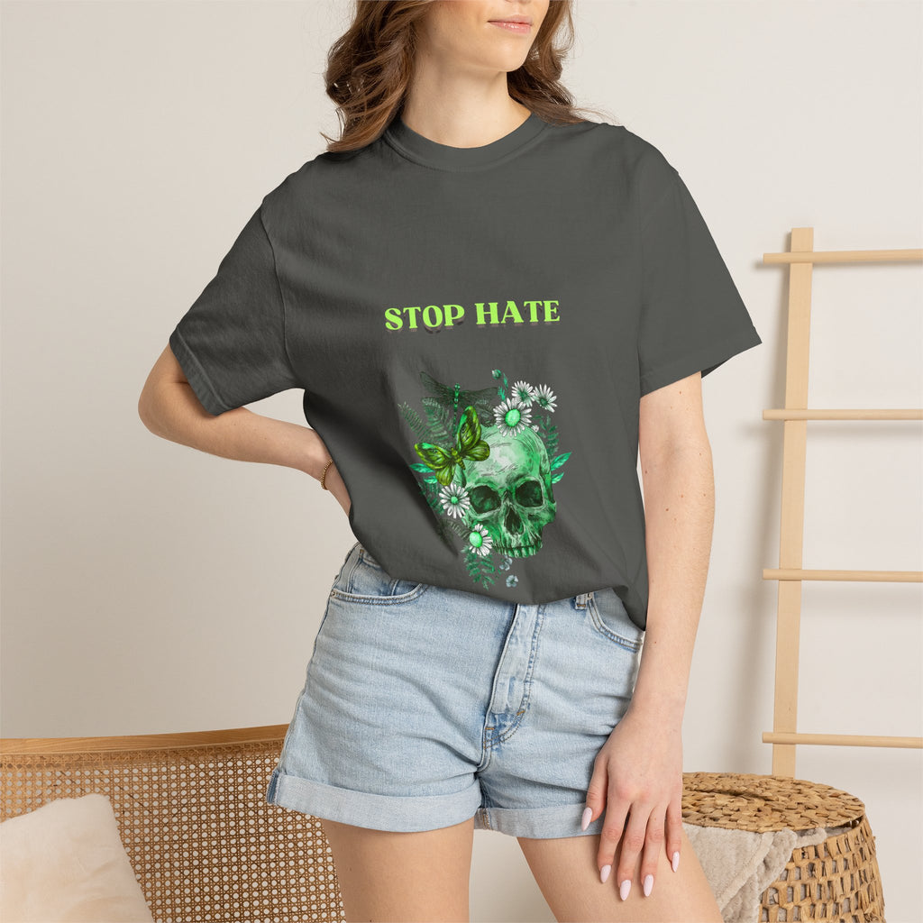 Stop Hate Skull T-Shirt — Green Floral Skull Graphic Tee