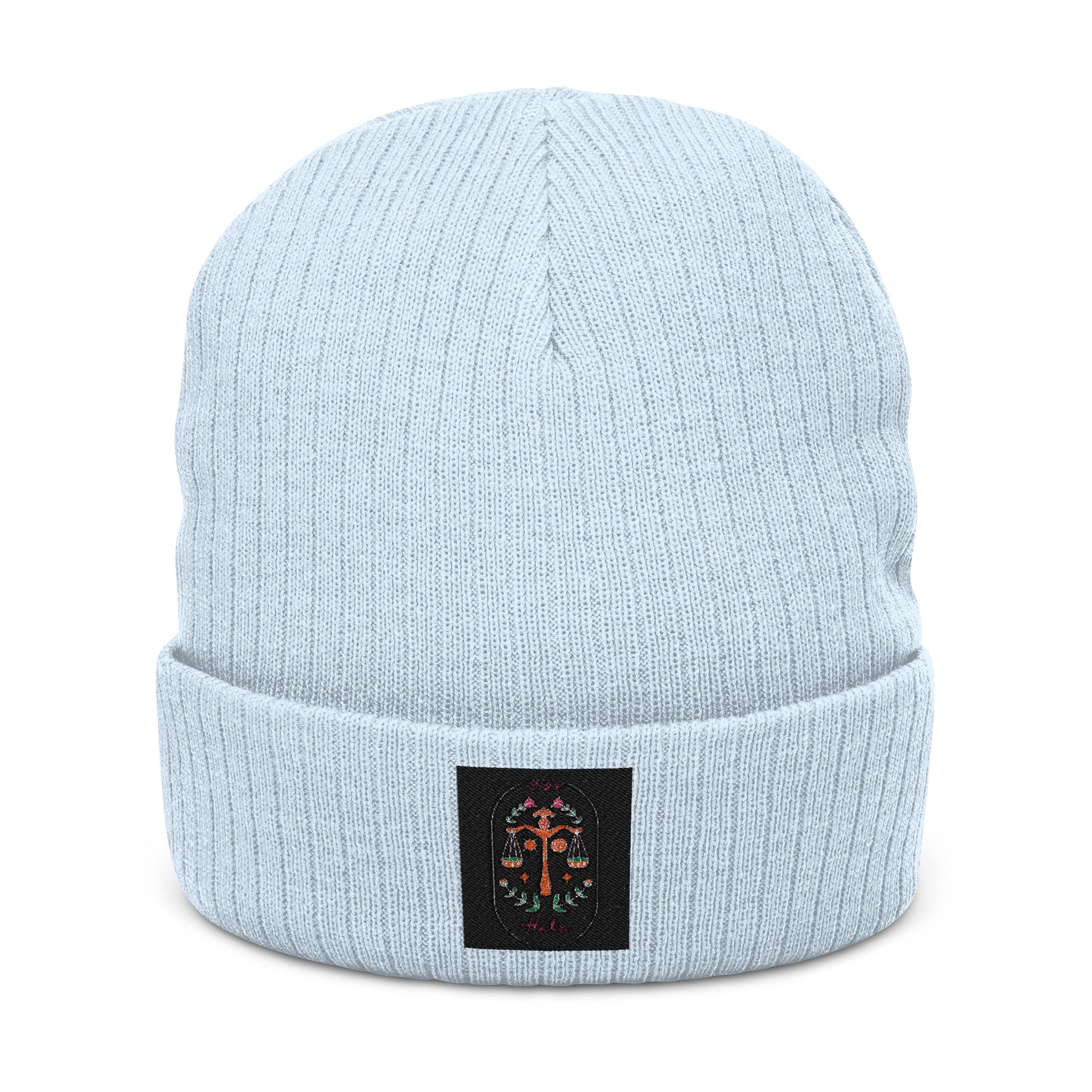 Embroidered Floral Cross Ribbed Knit Beanie - Cozy Gothic Winter Hat