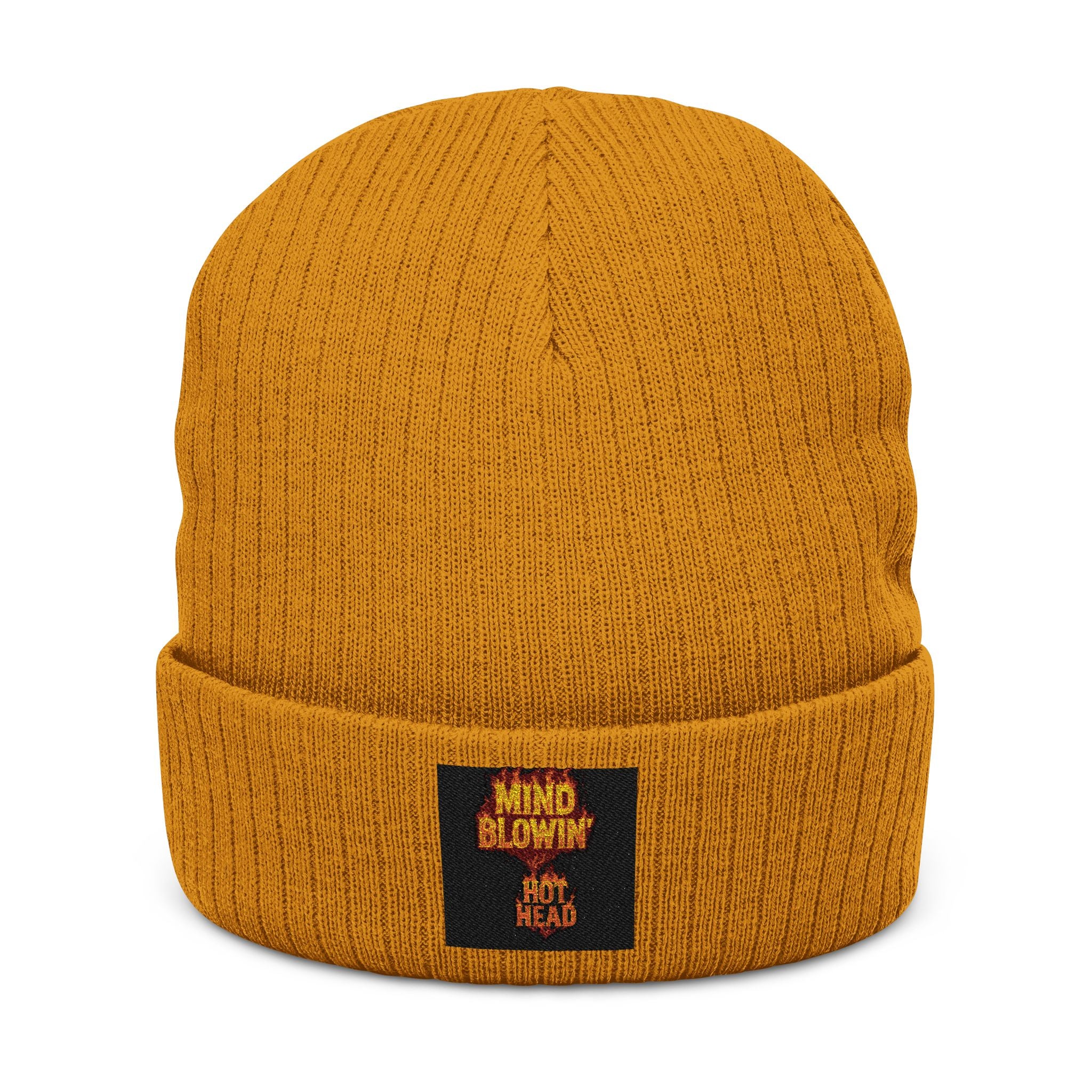Embroidered 'Mind Blown' Flame Beanie — Ribbed Knit Winter Hat