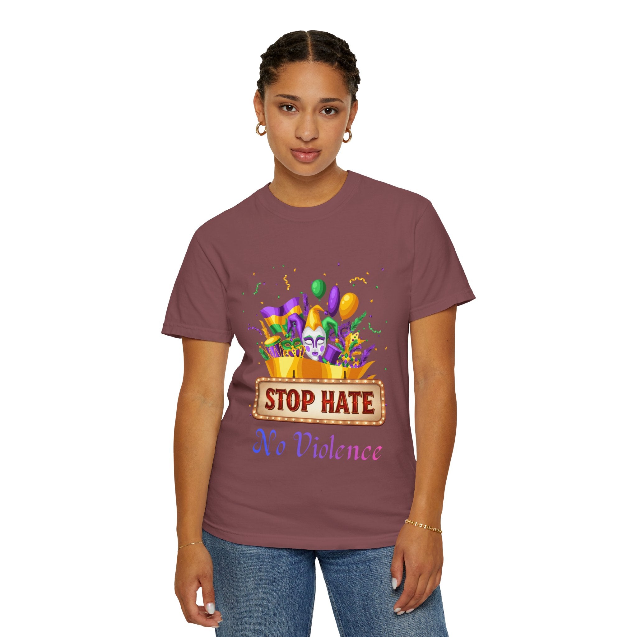 T-Shirt — "Stop Hate, No Violence" Mardi Gras Parade Design