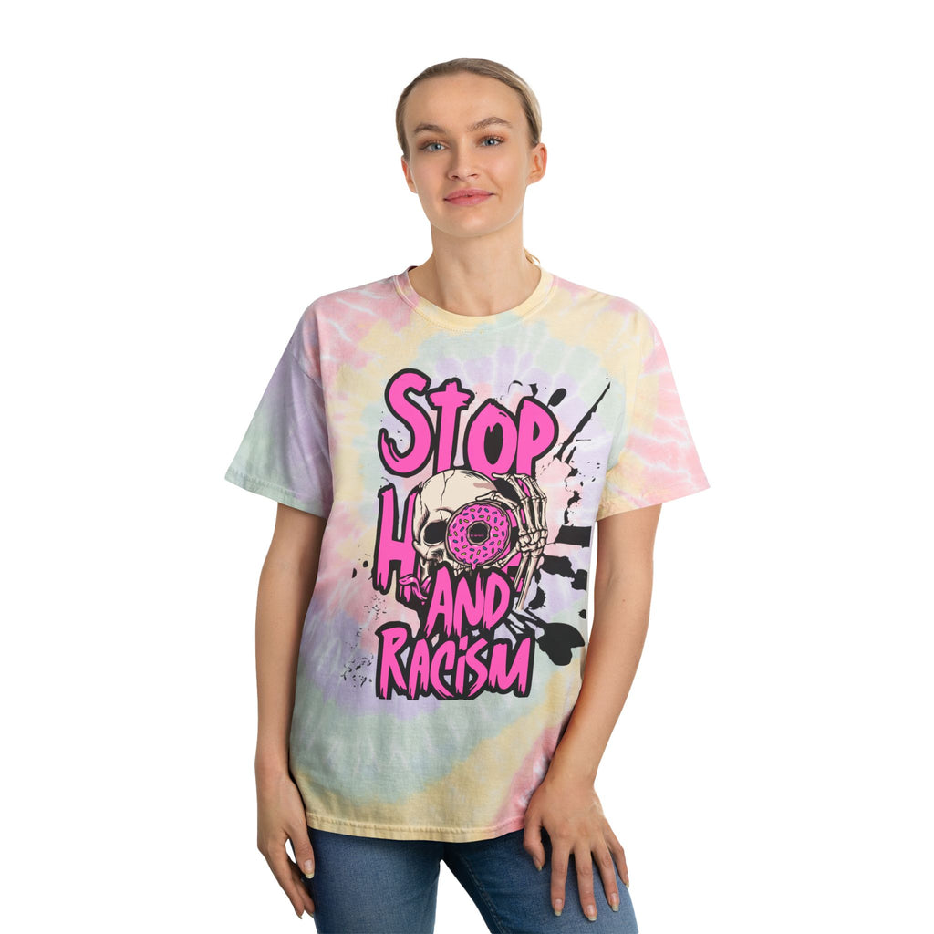Tie-Dye Tee — "Stop Hate and Racism" Spiral Graphic T-Shirt