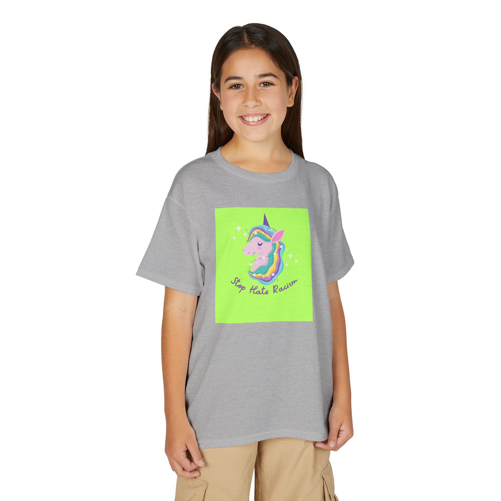 Youth T-Shirt — Rainbow Unicorn “Stop Hate Racism” Graphic
