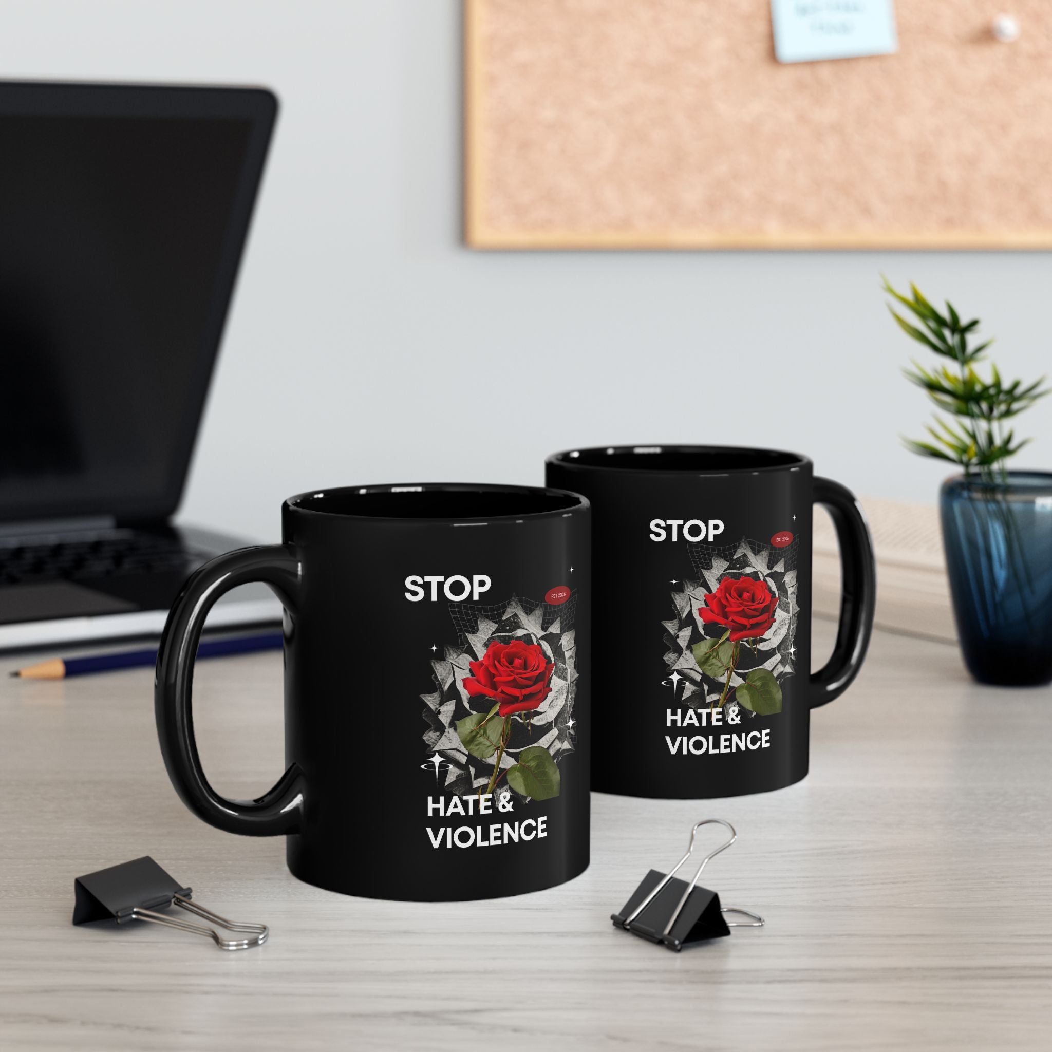Stop Hate & Violence Black Mug — Red Rose Anti-Violence Coffee Cup (11oz/15oz)