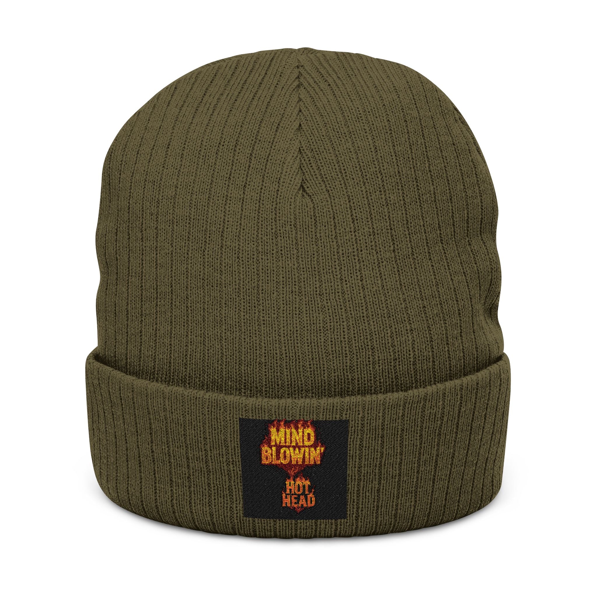 Embroidered 'Mind Blown' Flame Beanie — Ribbed Knit Winter Hat