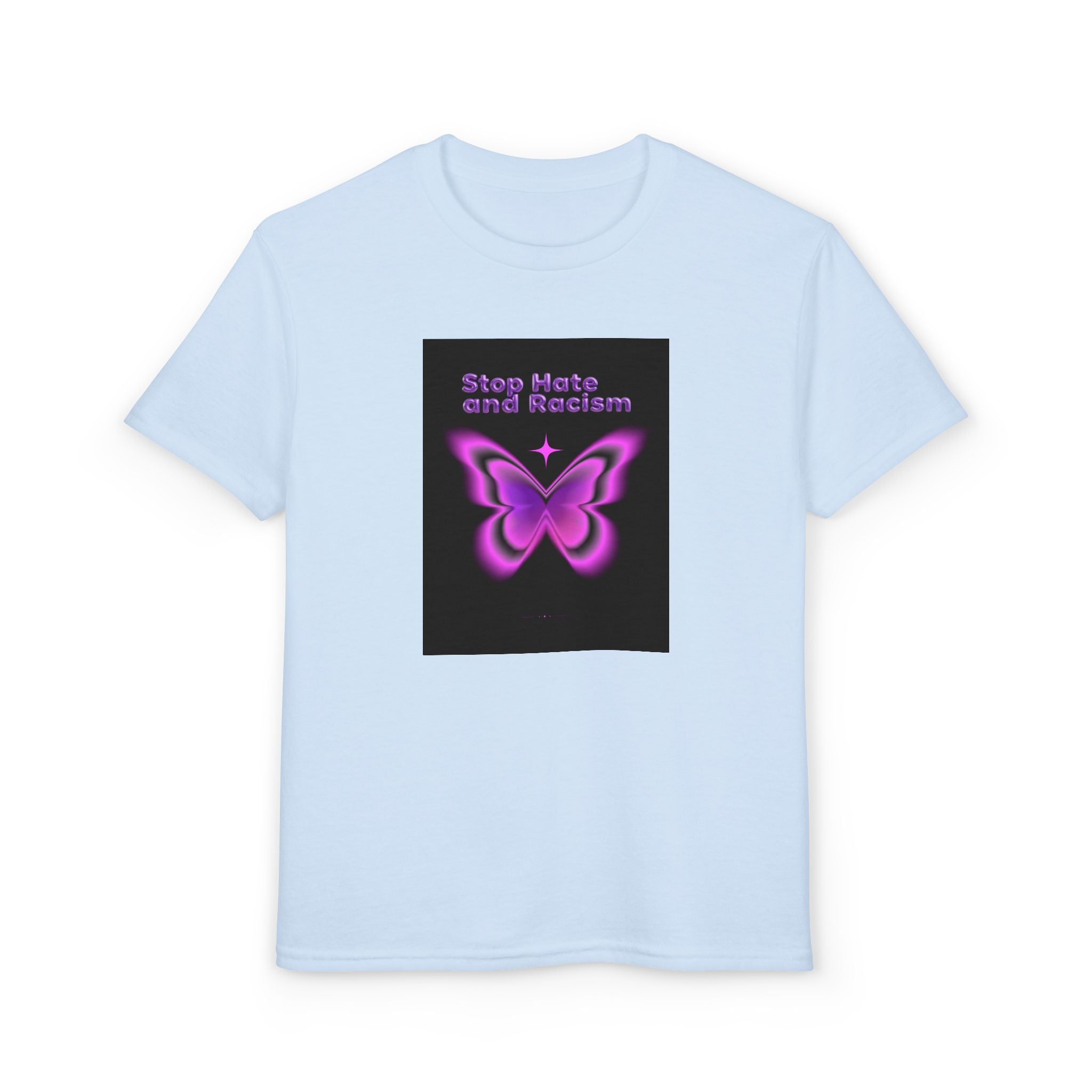 Youth T-Shirt — "Stop Hate and Racism" Pink Butterfly Anti-Racism Tee