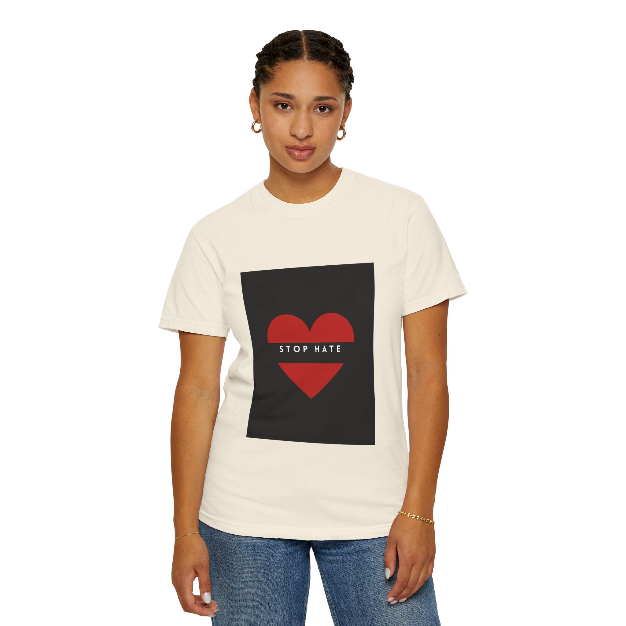 Stop Hate Heart T-Shirt — Red Heart Graphic Tee for Anti-Hate Awareness