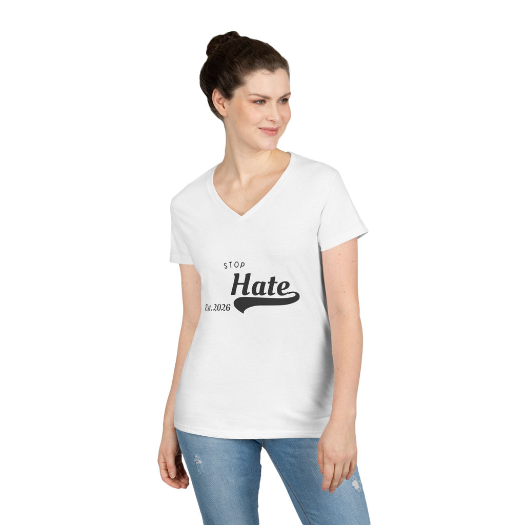 Ladies' V-Neck T-Shirt — "Stop Hate Est. 2026" Anti-Hate Message Tee