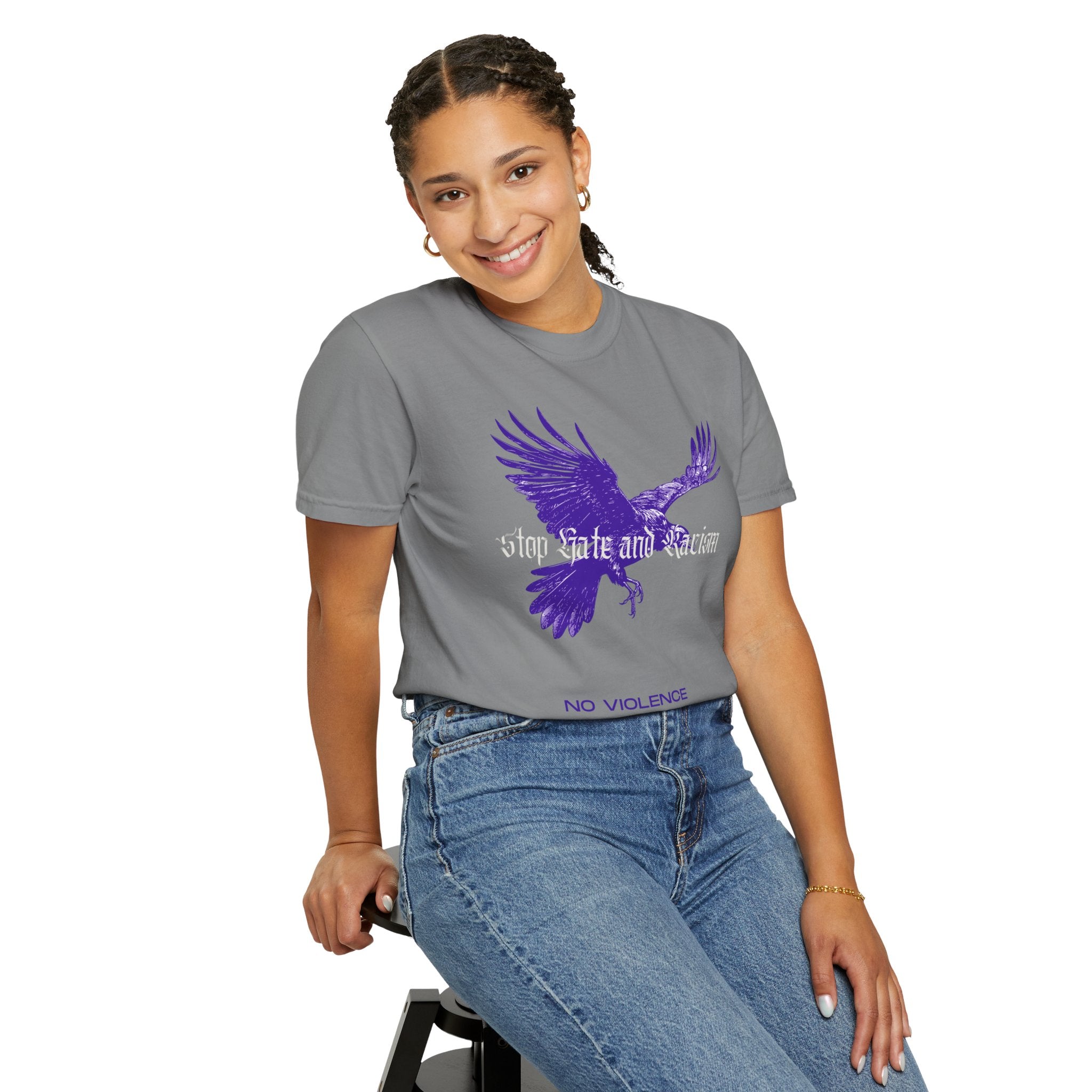 No Violence Raven T-Shirt — Purple Flying Crow Graphic Tee