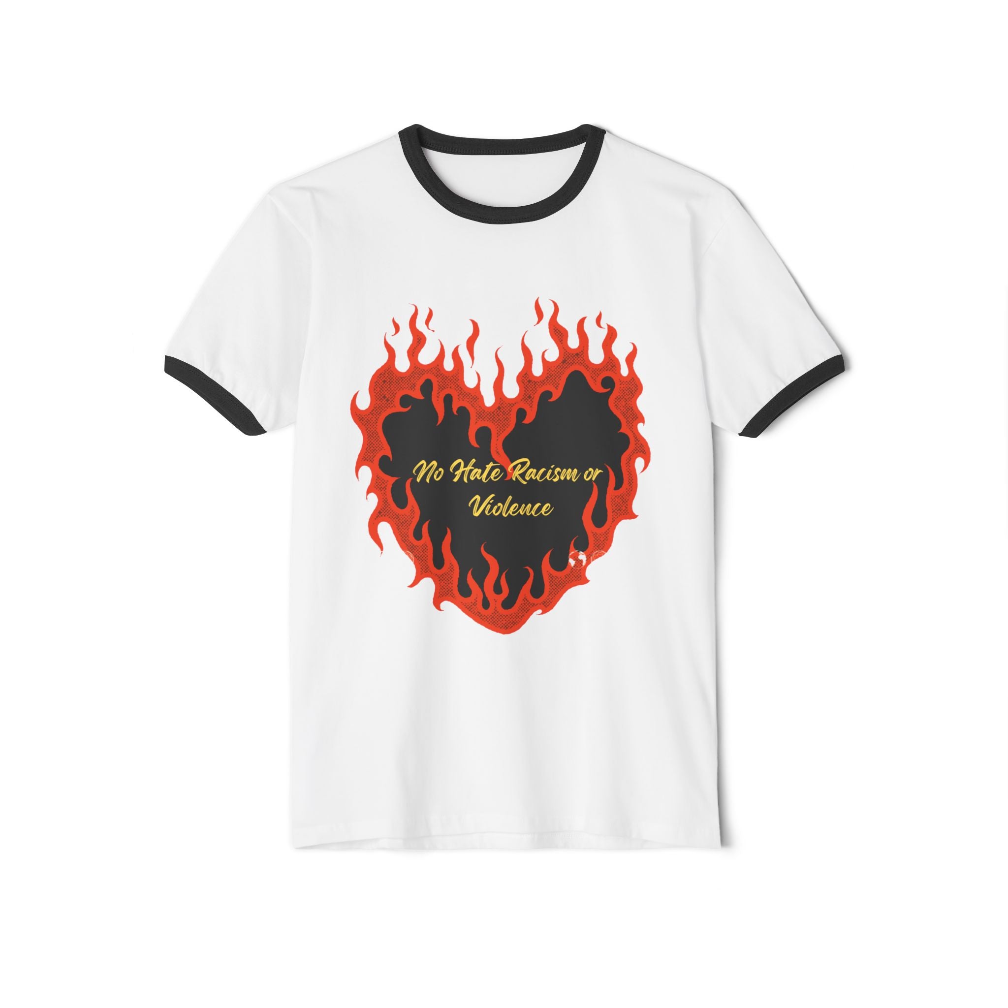Ringer T-Shirt - Flaming Heart "No Hate, Racism or Violence" Graphic