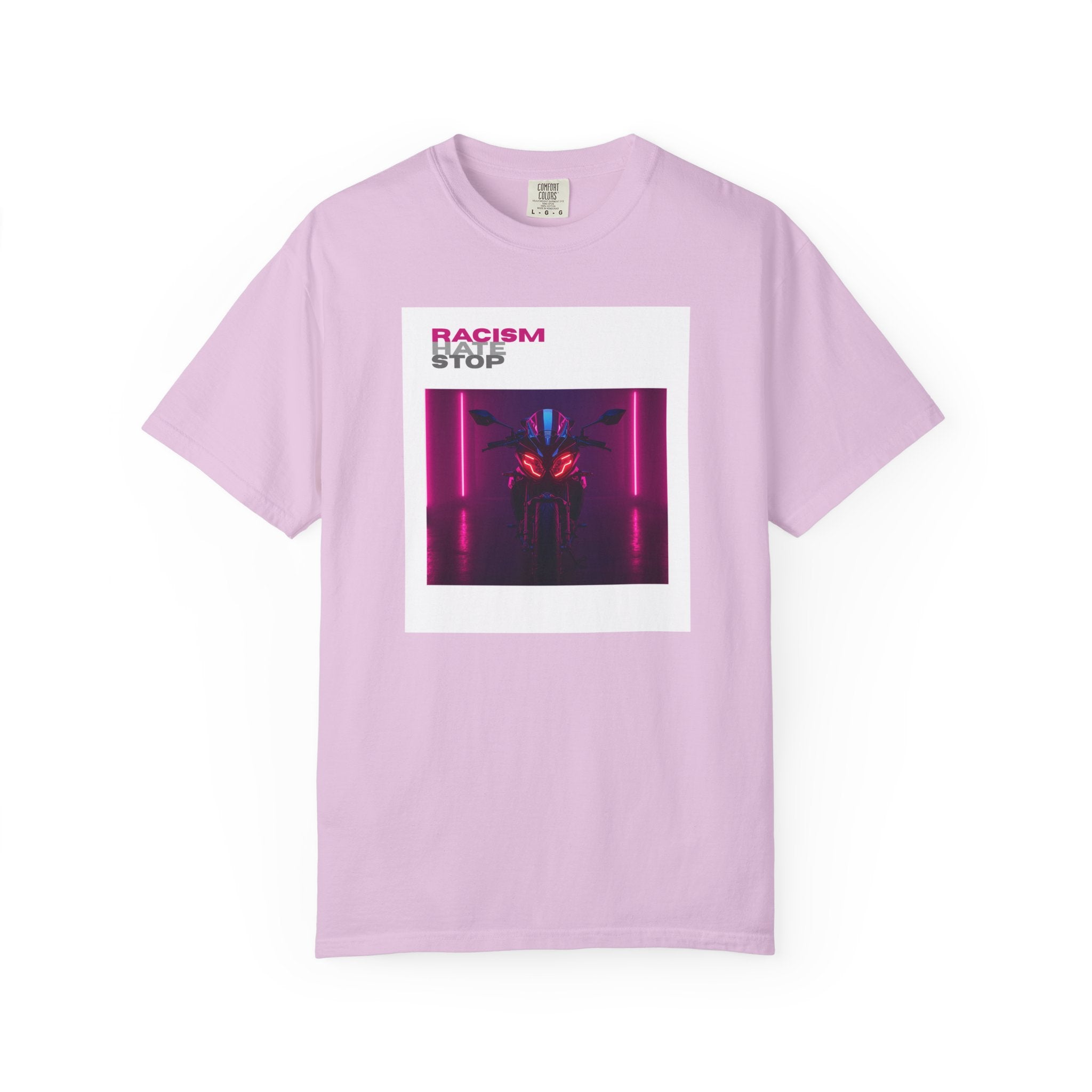 Anti-Racism Graphic T-Shirt — “Racism Stop” Neon Robot Design