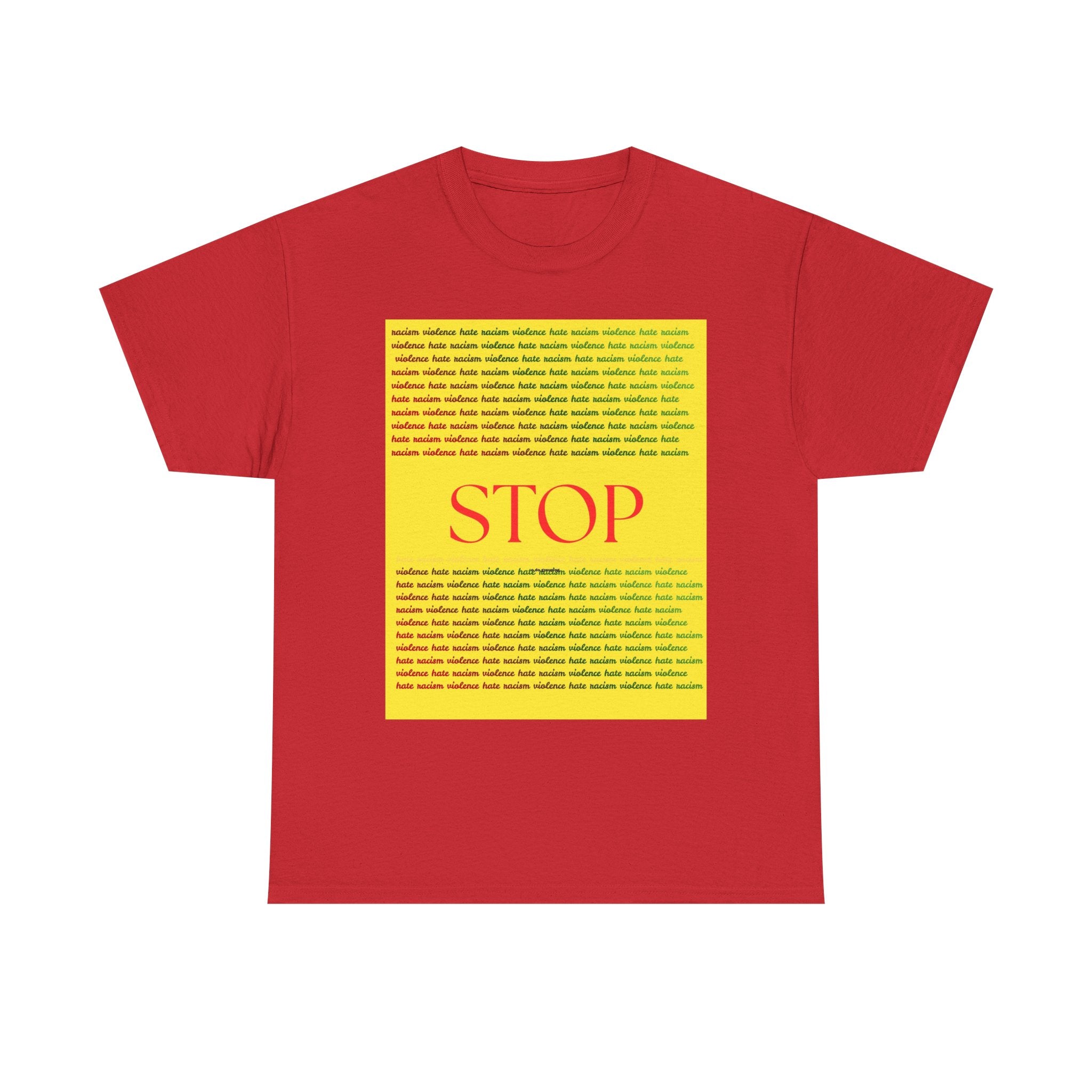 STOP Graphic Tee — Bold Yellow Text Block Protest T-Shirt