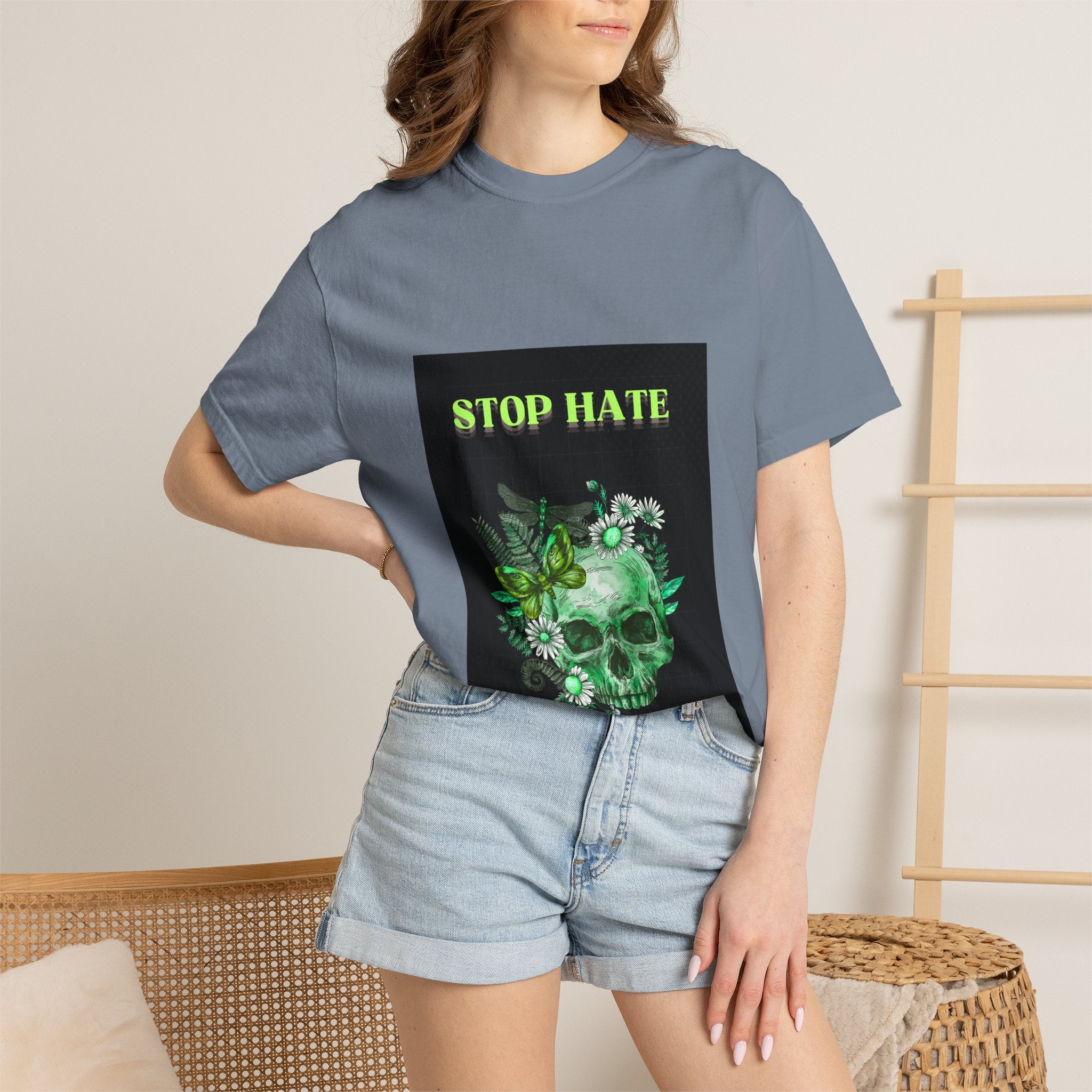 Stop Hate Skull T-Shirt — Green Floral Skull Graphic Tee