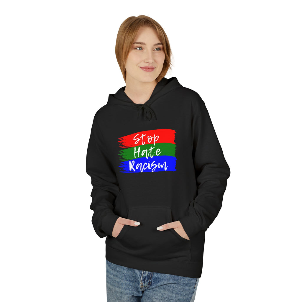 Hoodie — Stop Hate Rebuild (Red-Green-Blue Brushstroke)