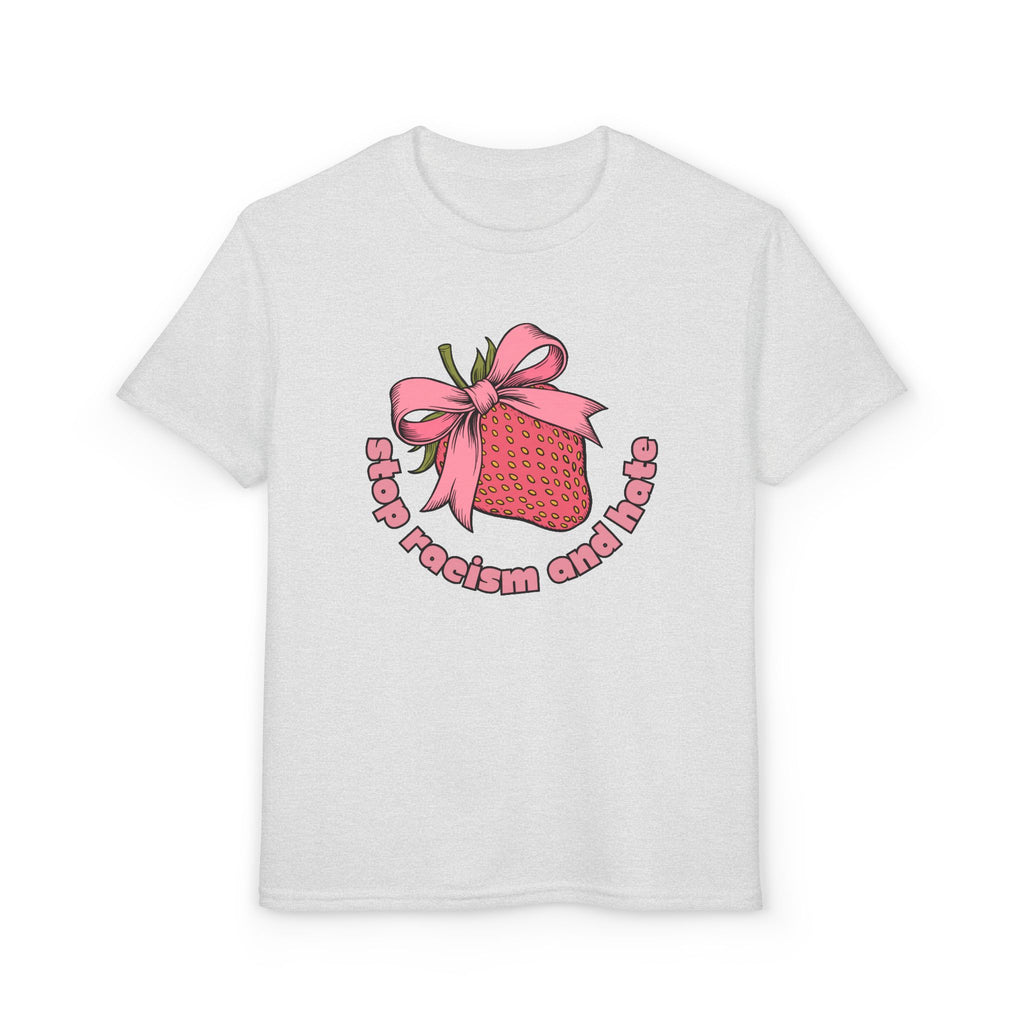 Youth T-Shirt — Cute Pink Gift Box Graphic with "Stop, Realism and Races" Slogan