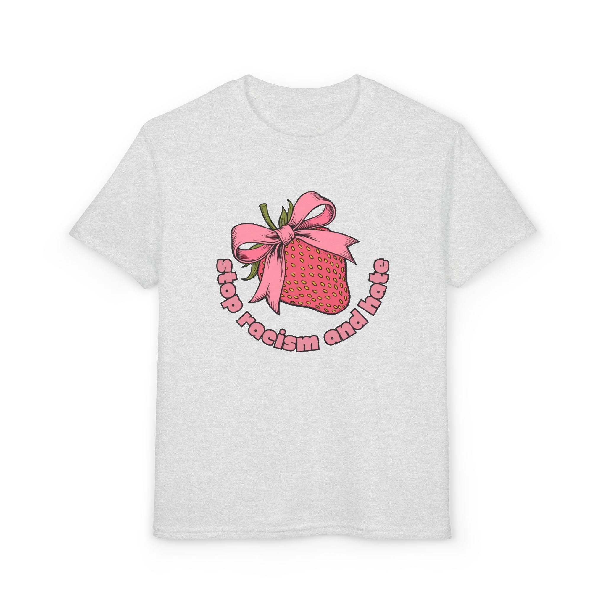 Youth T-Shirt — Cute Pink Gift Box Graphic with "Stop, Realism and Races" Slogan