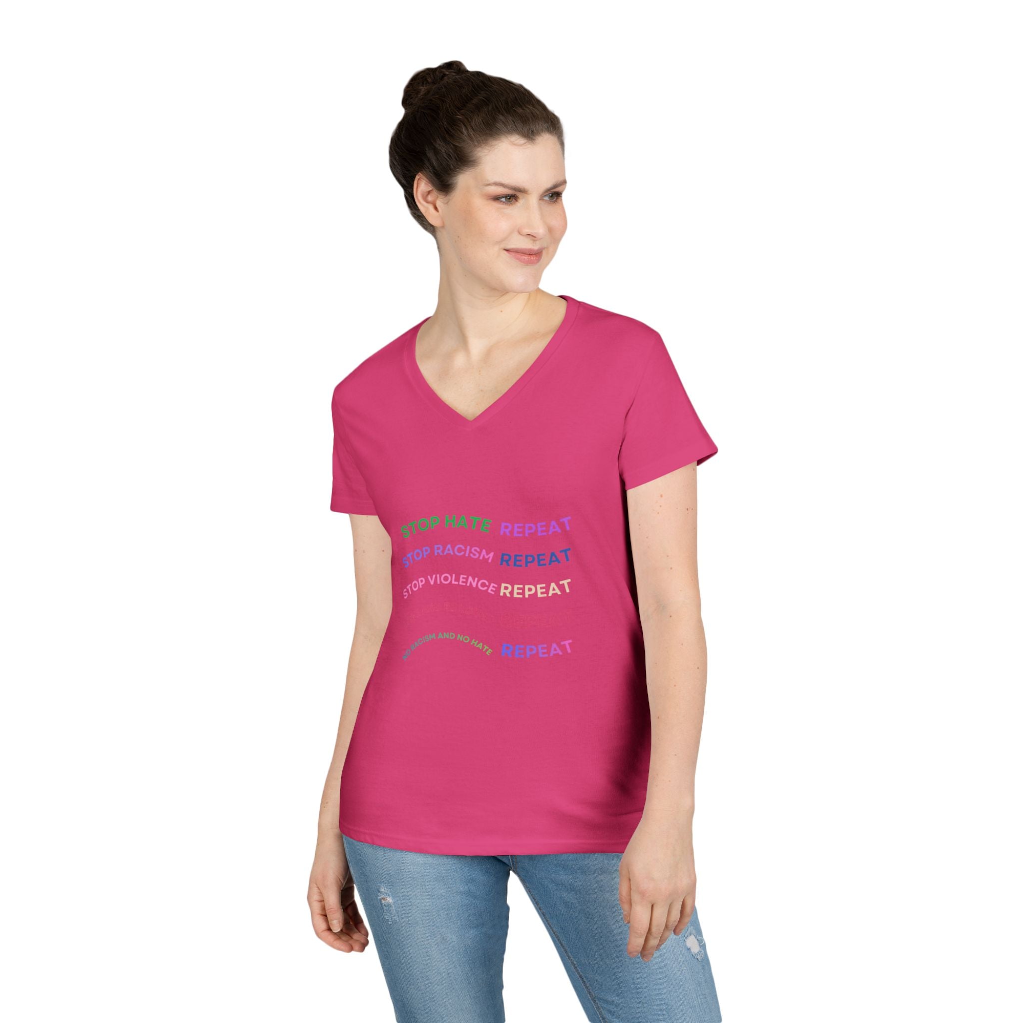 Ladies' V-Neck T-Shirt — "Stop Hate Repeat" Anti-Racism Message Tee