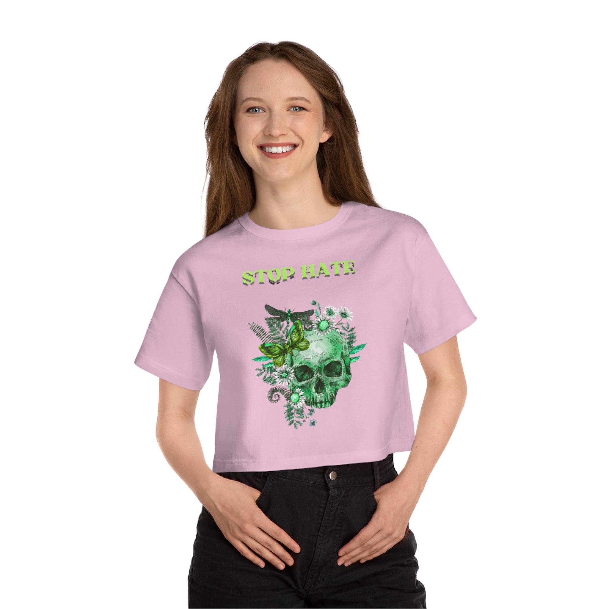 Stop Hate Skull Crop Tee — Women's Green Floral Peace Graphic