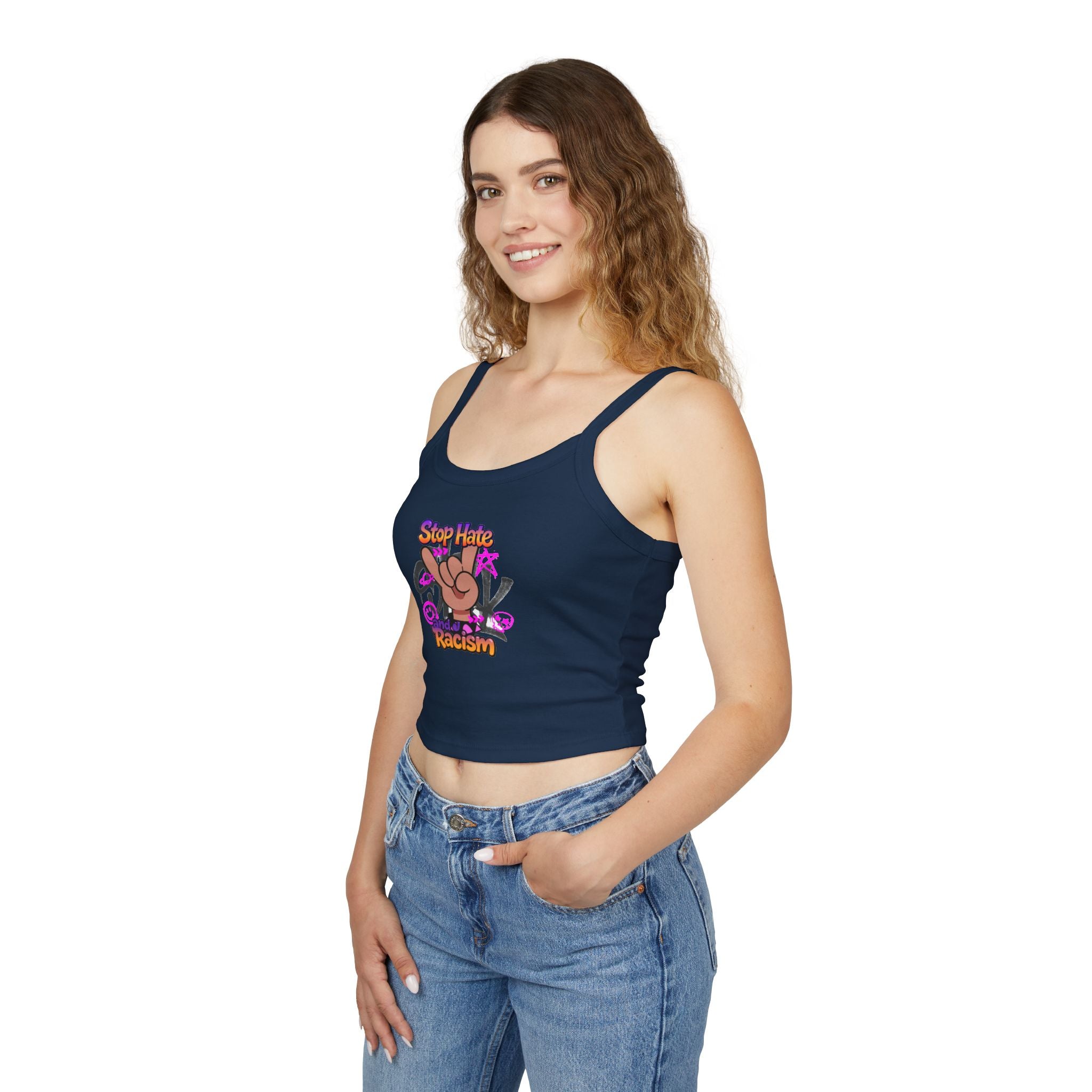 Stop Hating Racism Peace Sign Crop Tank Top — Anti-Racism Women's Spaghetti Strap