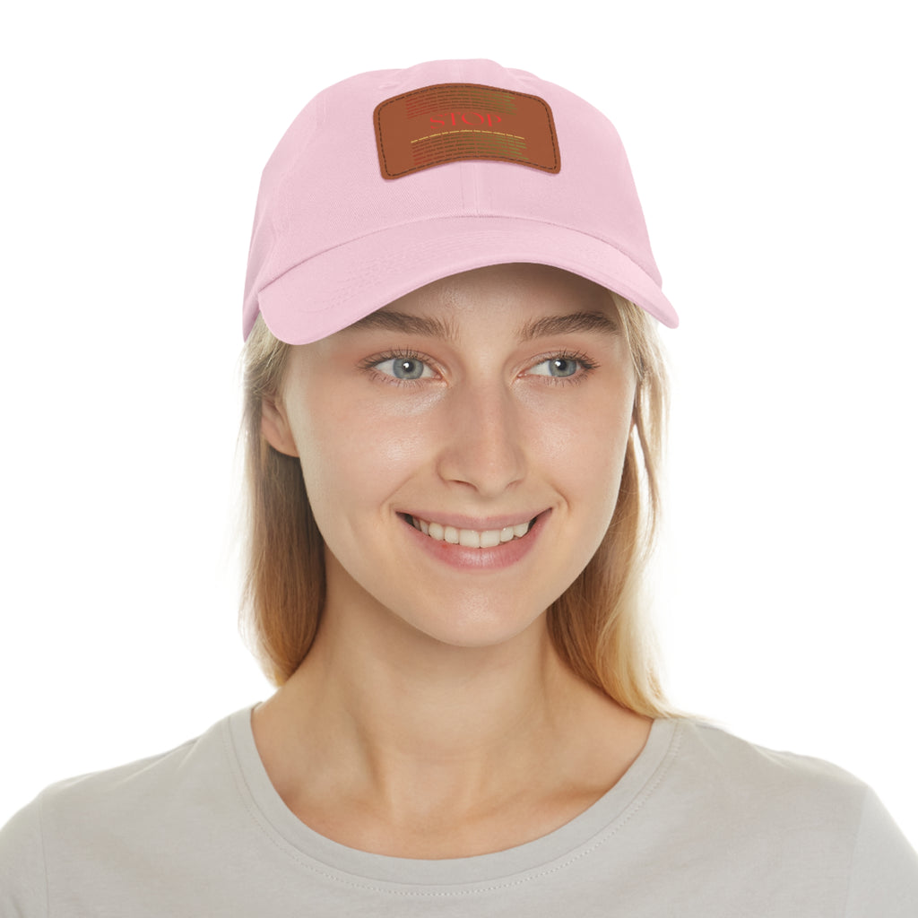 Leather Patch Dad Hat — 'STOP' Embossed Casual Baseball Cap