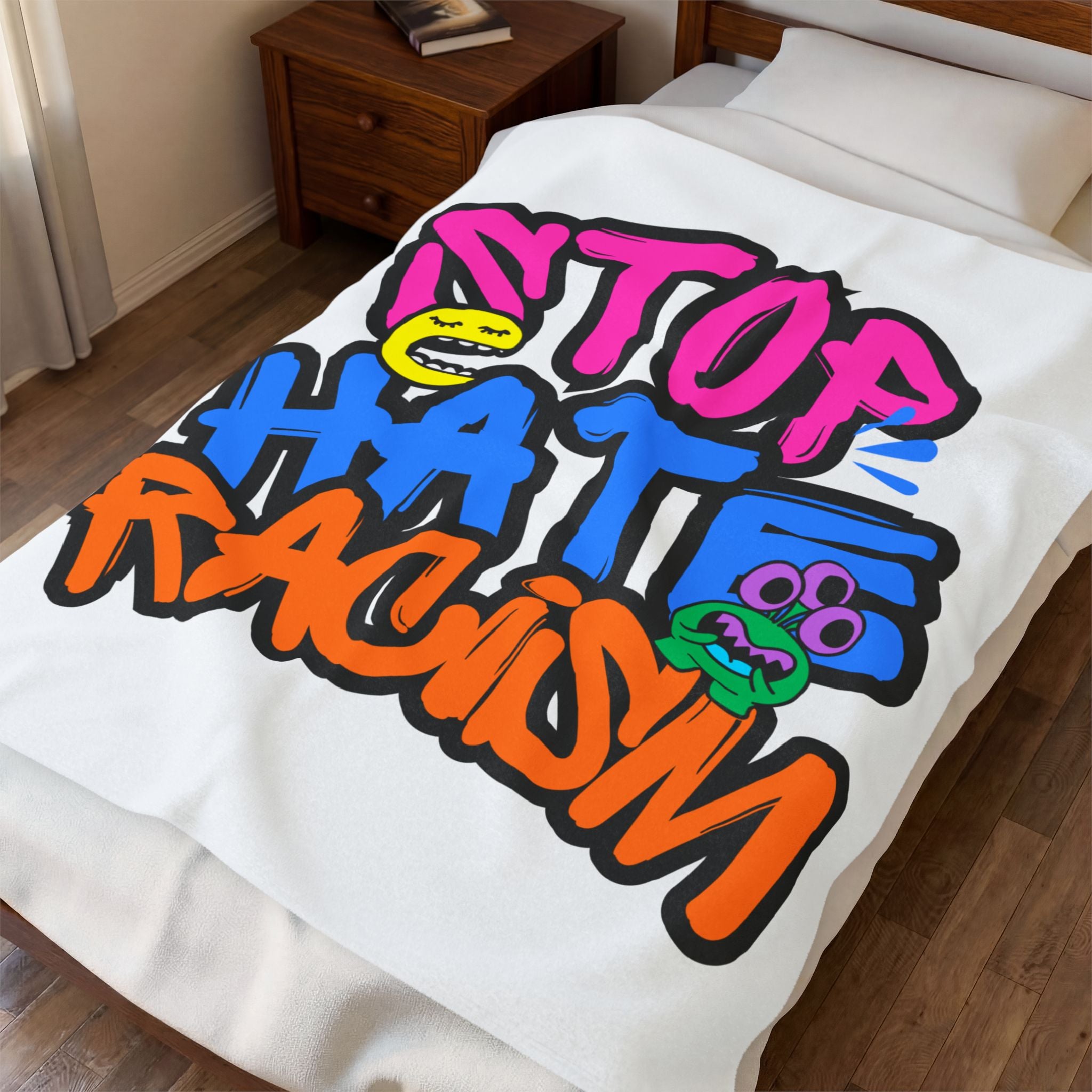 Velveteen Plush Blanket — "Stop Hate Racism" Colorful Graffiti Anti-Racism Throw