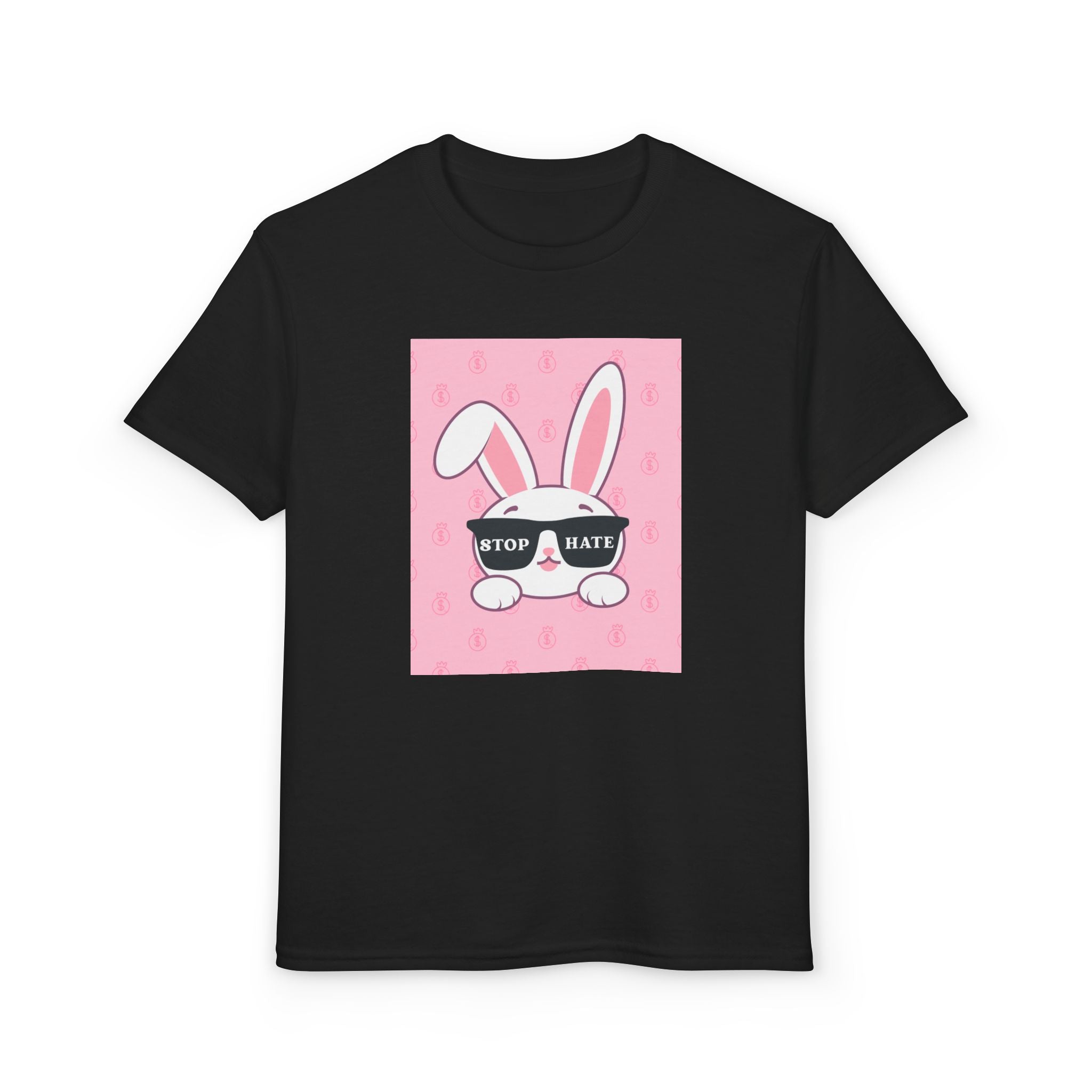 Youth T-Shirt — Pink Bunny Wearing "Stop Hate" Sunglasses Kids Tee