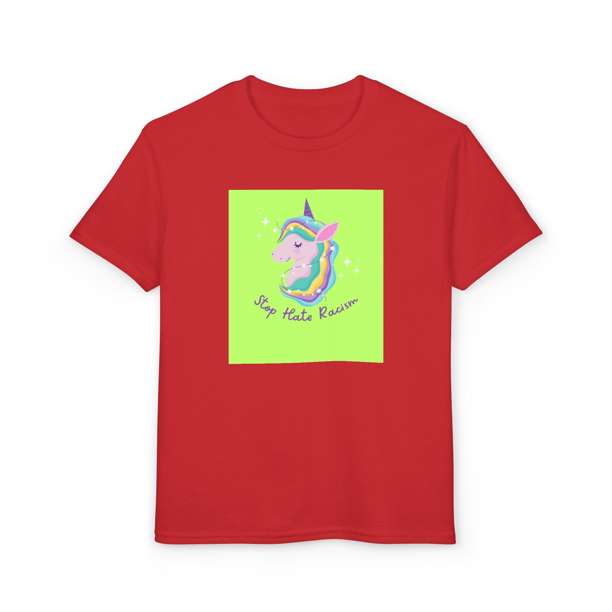 Youth T-Shirt — Rainbow Unicorn “Stop Hate Racism” Graphic