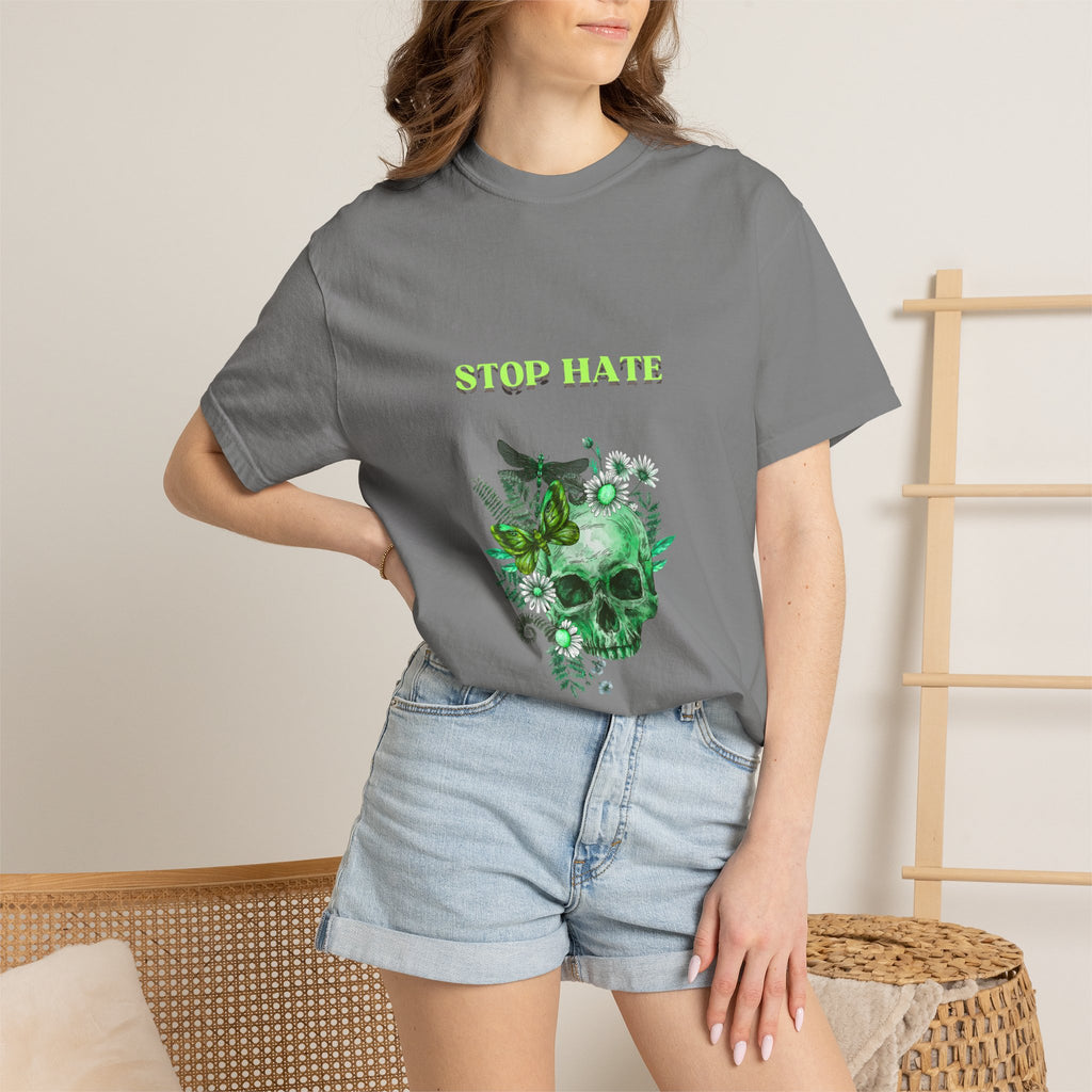 Stop Hate Skull T-Shirt — Green Floral Skull Graphic Tee