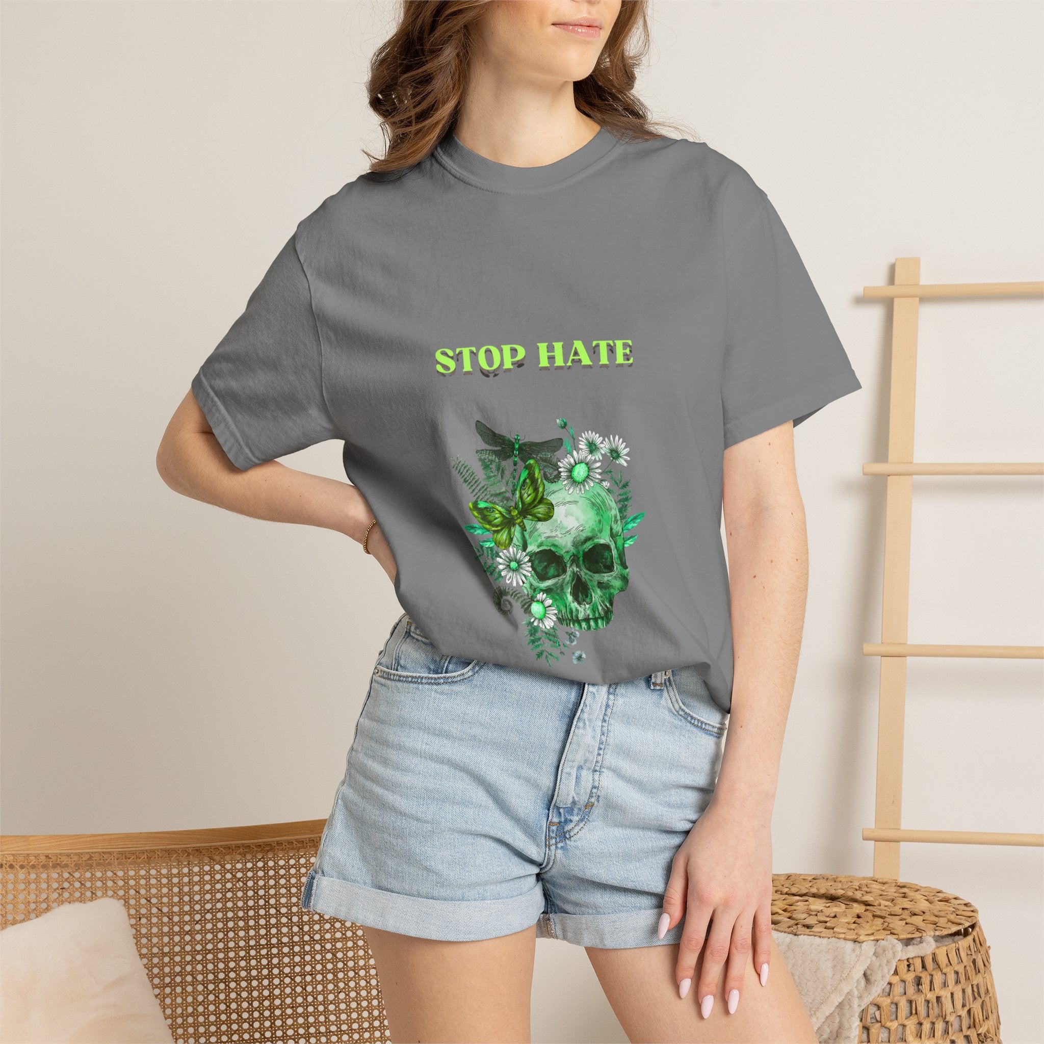 Stop Hate Skull T-Shirt — Green Floral Skull Graphic Tee