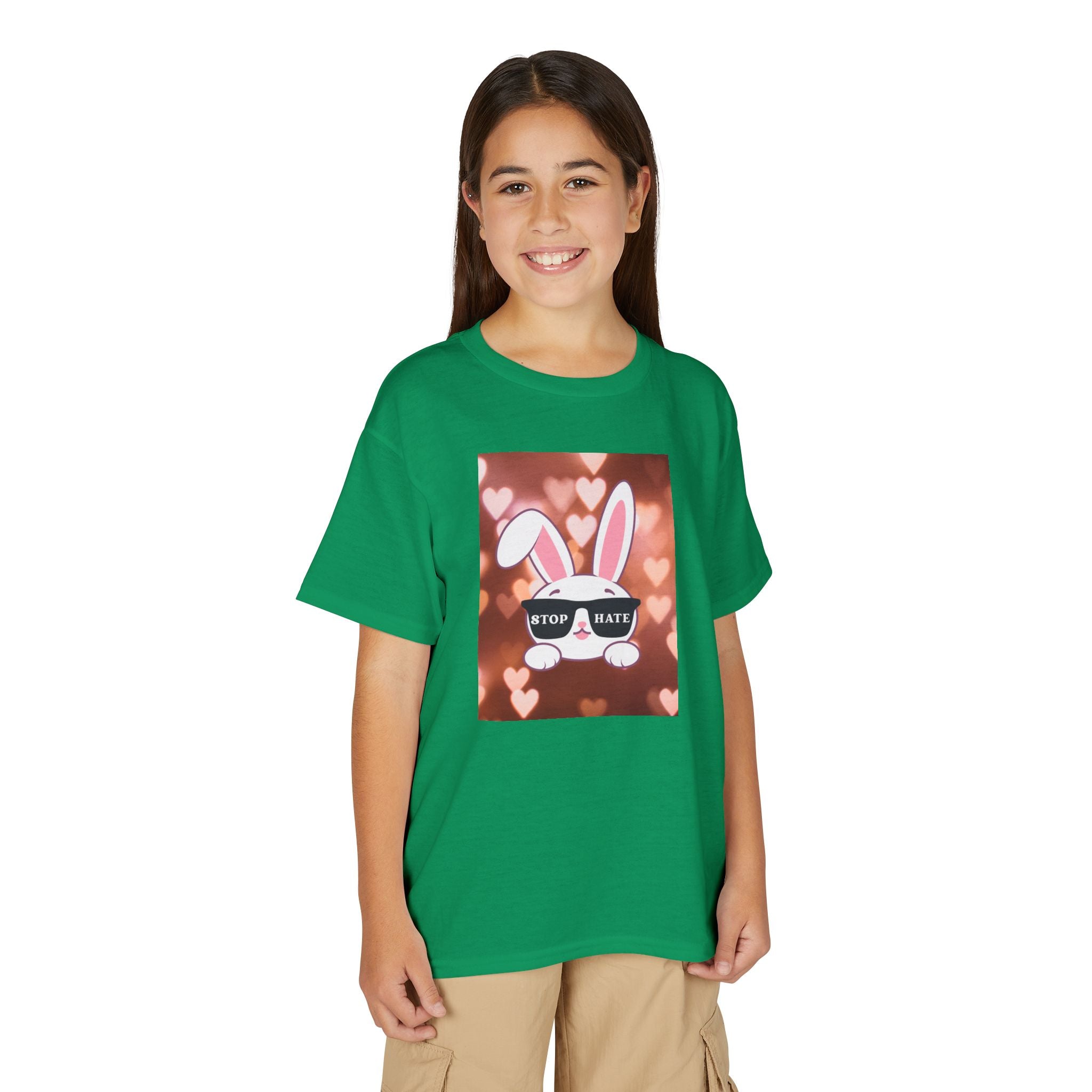 Youth T-Shirt — Cute Bunny with 'Stop the Hate' Sunglasses | Kids Anti-Bullying Tee