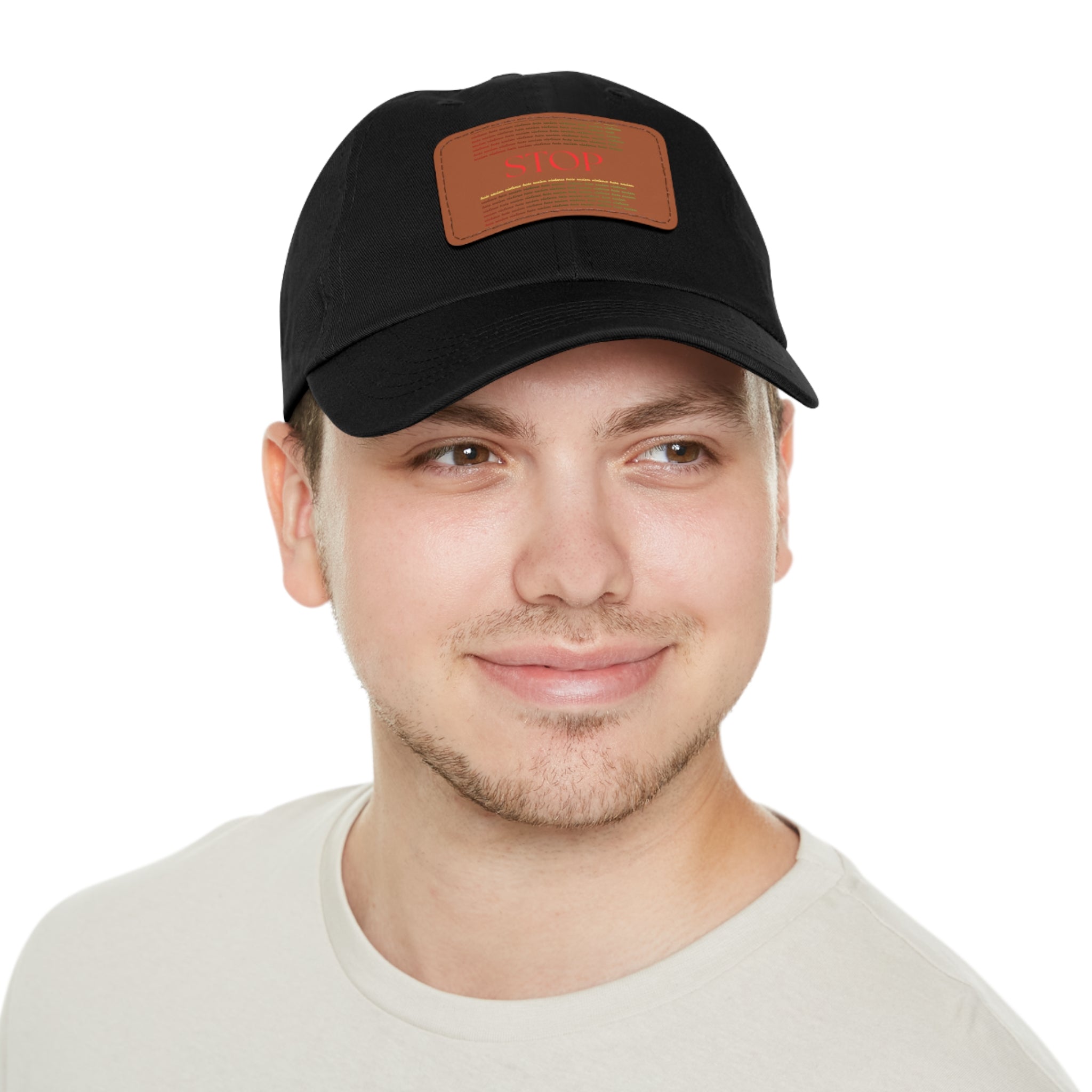 Leather Patch Dad Hat — 'STOP' Embossed Casual Baseball Cap