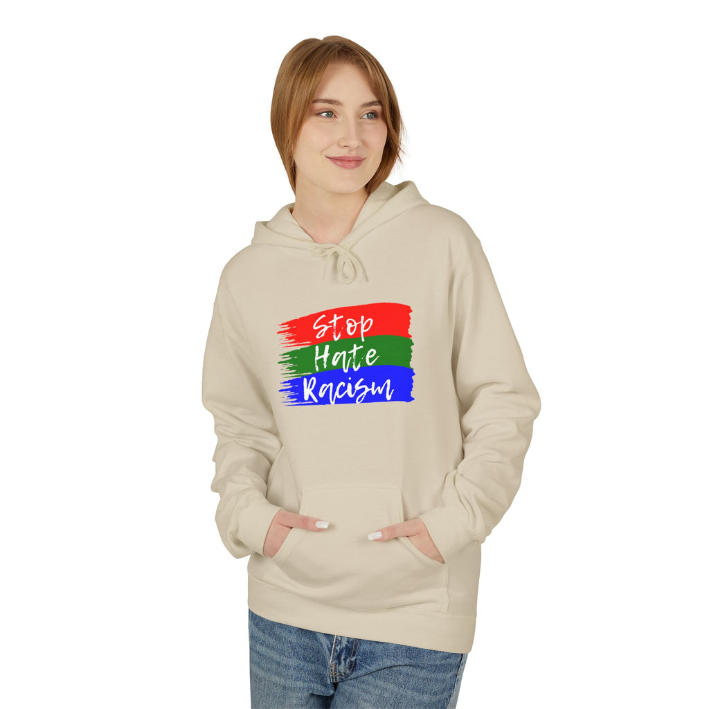 Hoodie — Stop Hate Rebuild (Red-Green-Blue Brushstroke)