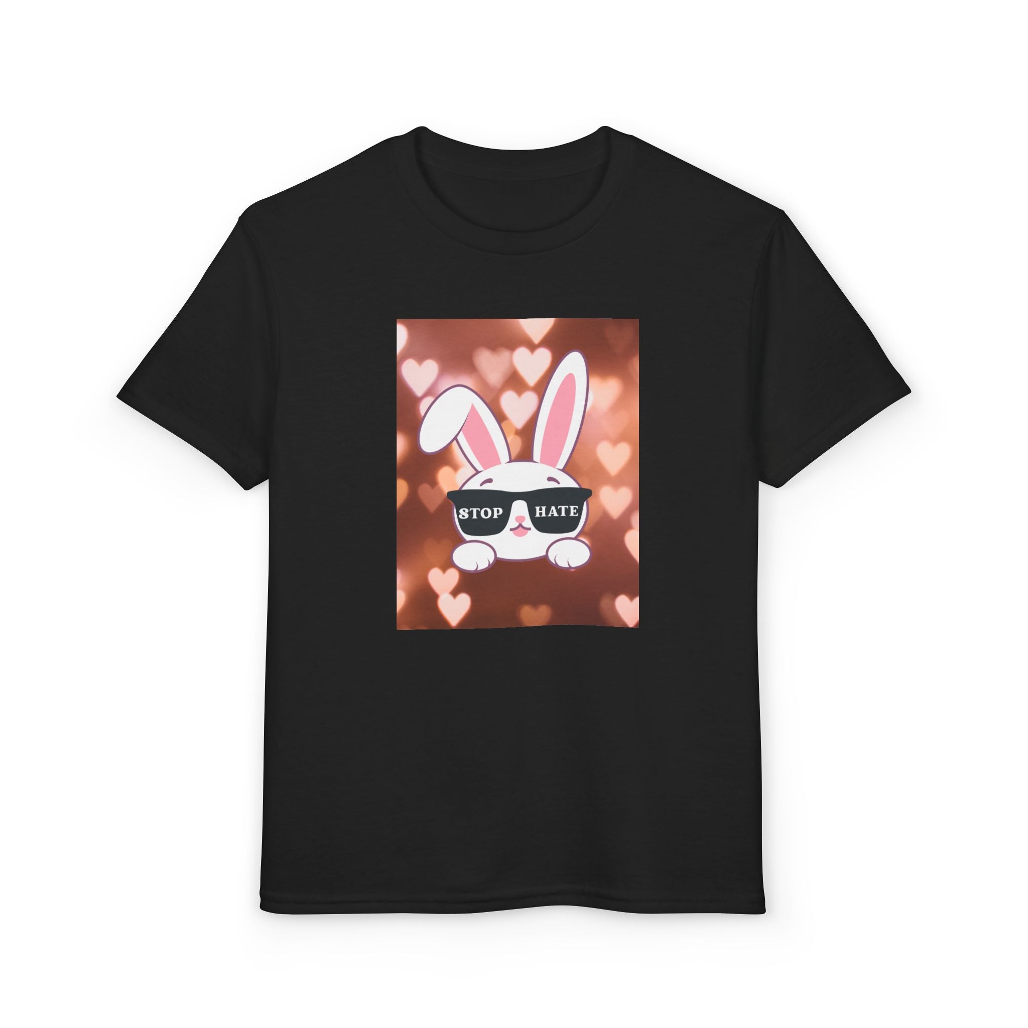 Youth T-Shirt — Cute Bunny with 'Stop the Hate' Sunglasses | Kids Anti-Bullying Tee