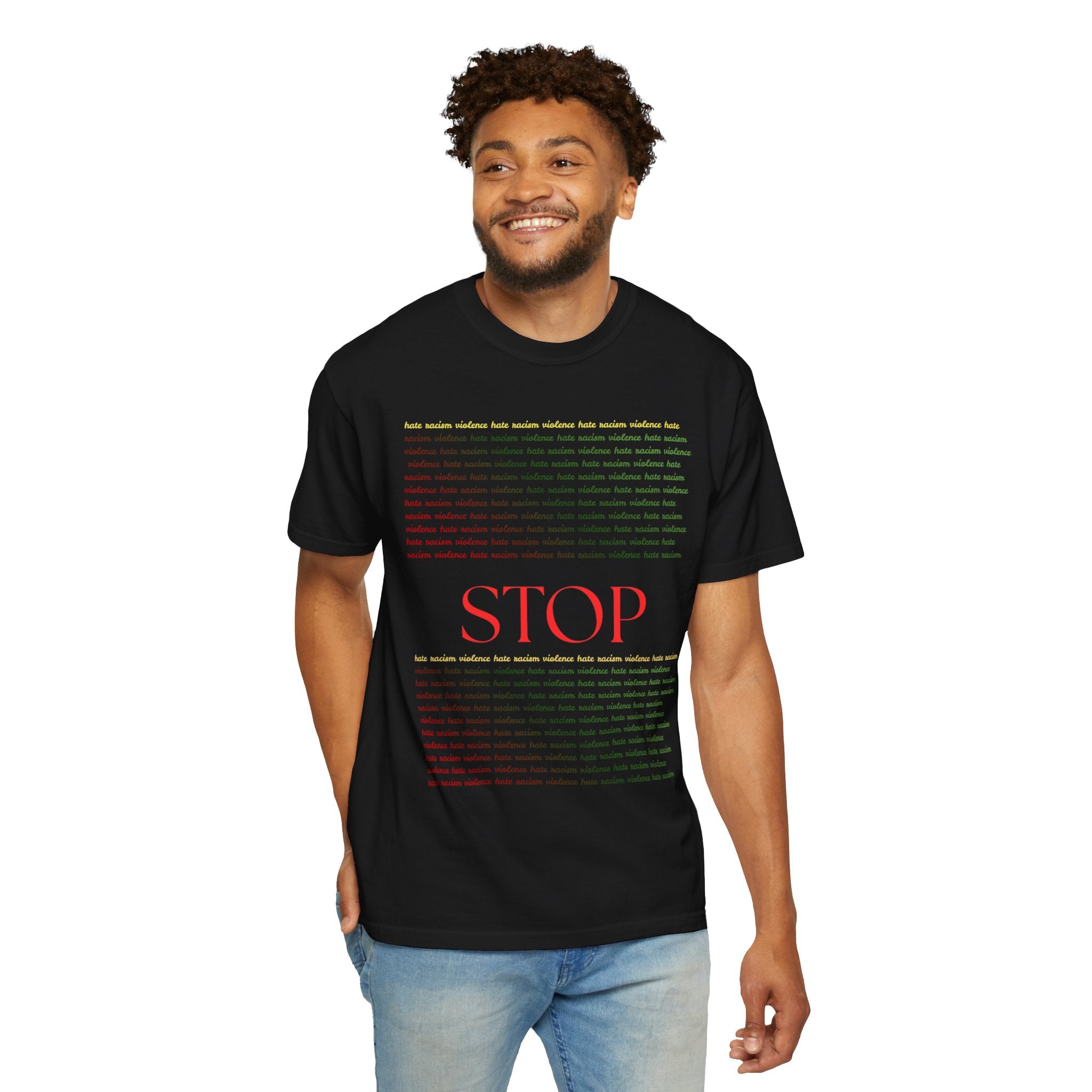 Stop Screen Tee — Black Graphic T-Shirt with Bold RED “STOP” Message
