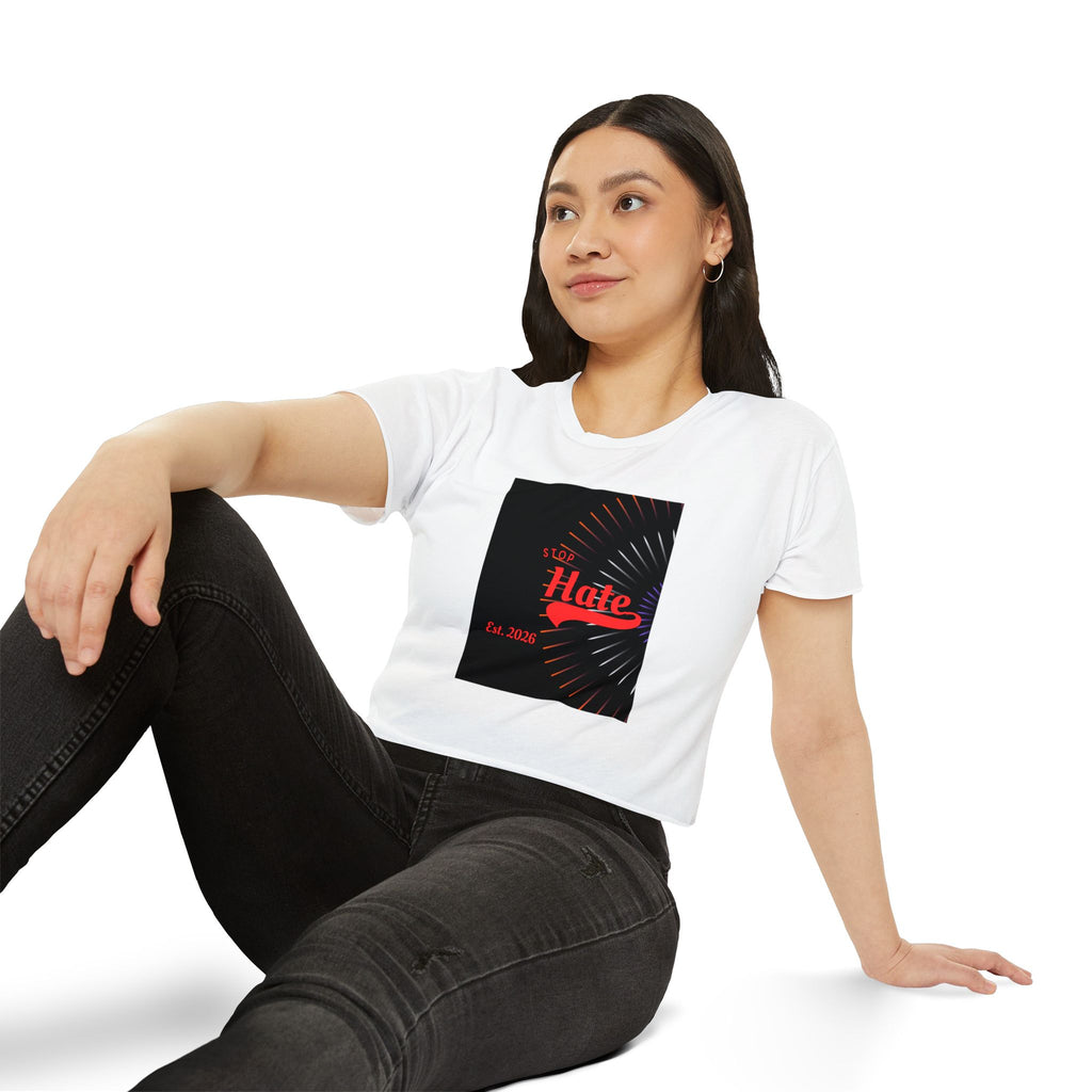 Crop Top — 'Stop Hate' Festival Crop Top, Retro Red Script Graphic