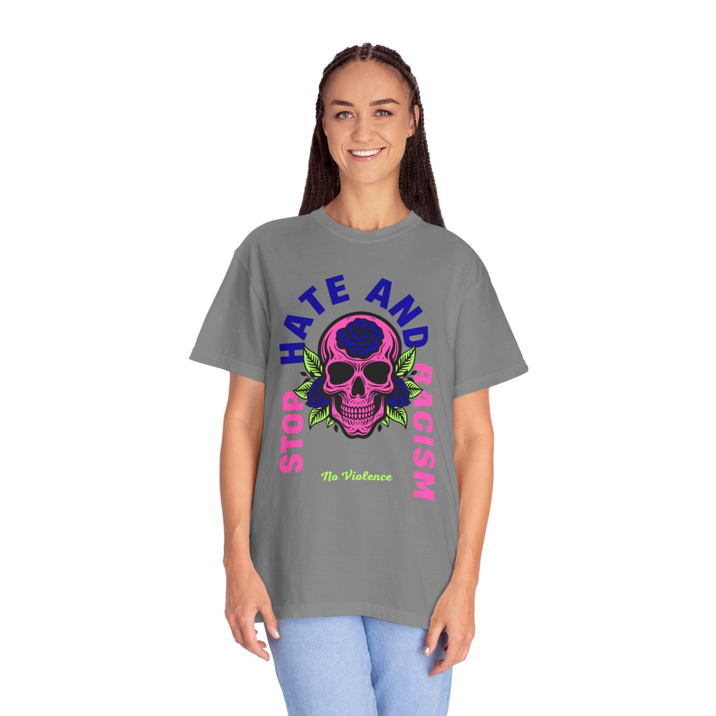 Stop Hate and Racism Skull T-Shirt — Anti-Racism Statement Tee