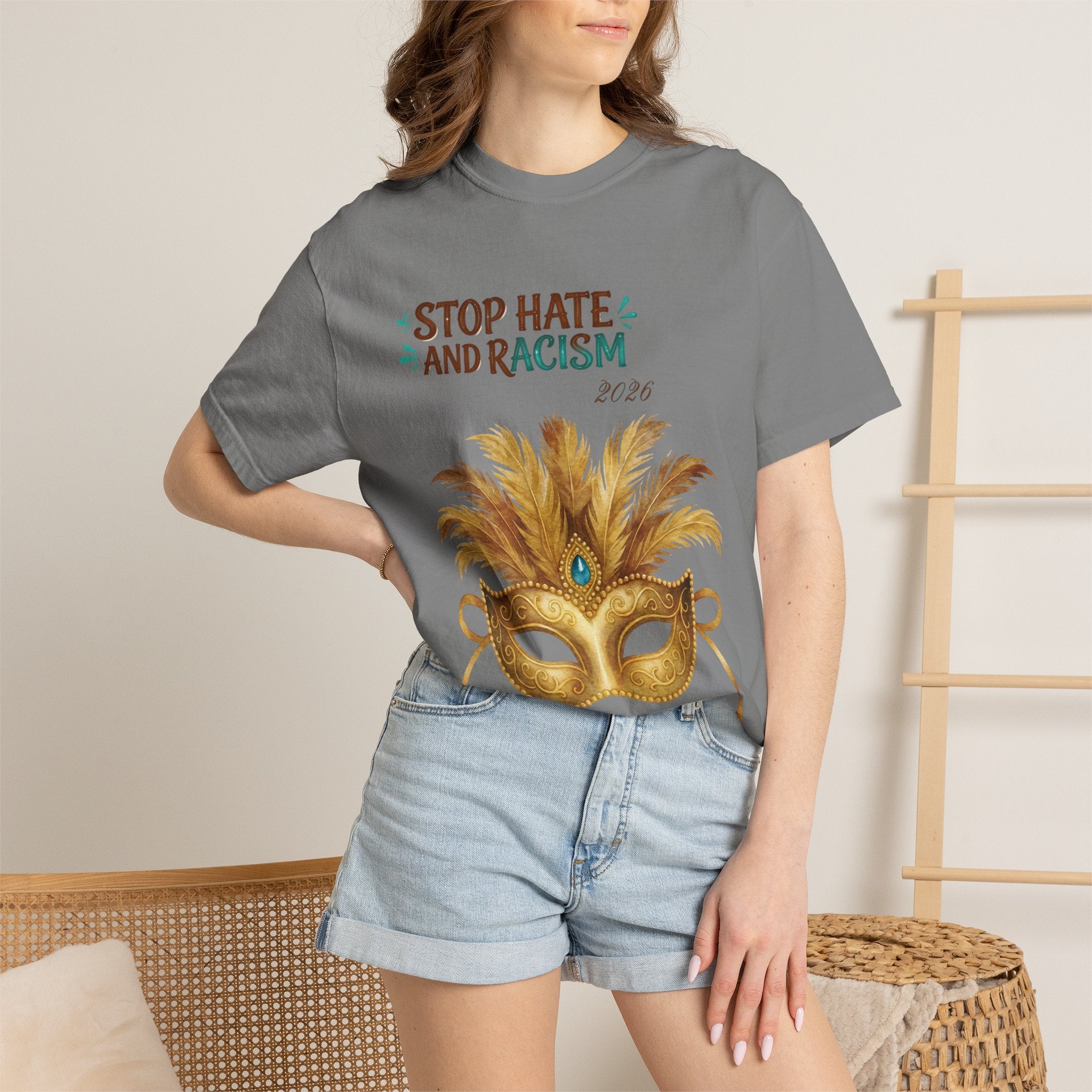 Stop Hate and Racism T-Shirt — Mardi Gras Mask Anti-Racism Tee