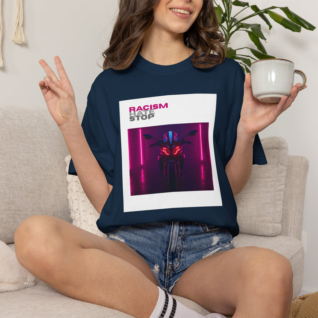 Anti-Racism Graphic T-Shirt — “Racism Stop” Neon Robot Design