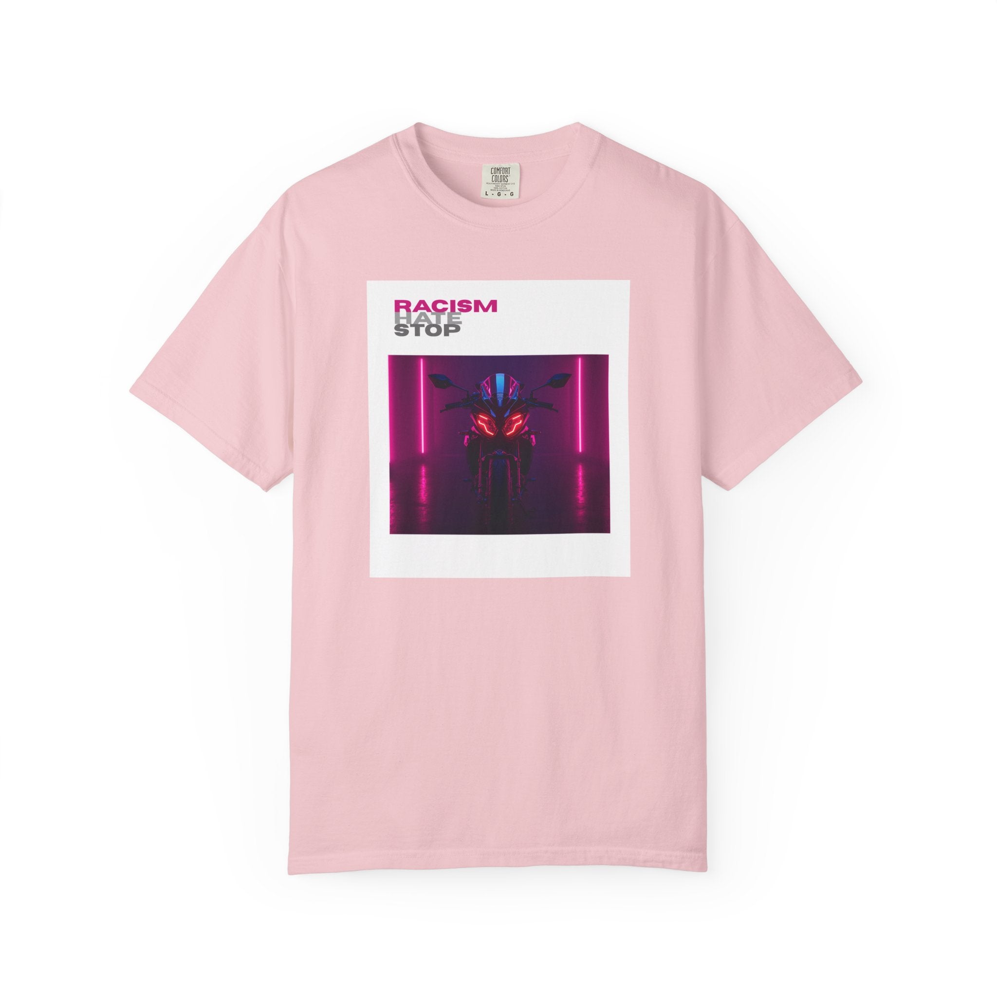 Anti-Racism Graphic T-Shirt — “Racism Stop” Neon Robot Design