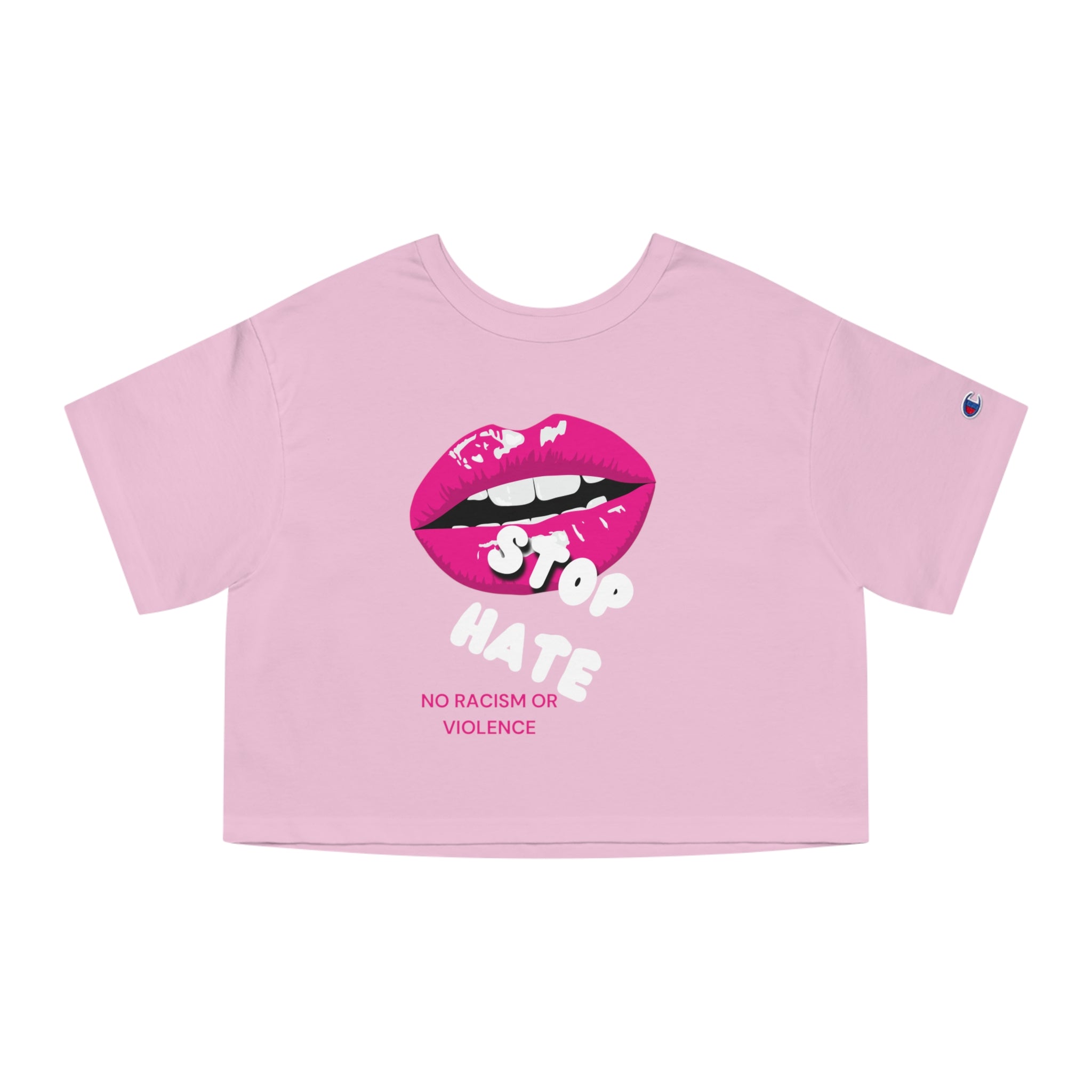 Cropped Graphic Tee — Pink Lips "No Racism or Violence" Statement Shirt