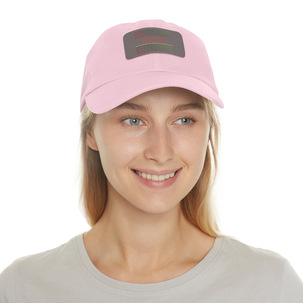 Leather Patch Dad Hat — 'STOP' Embossed Casual Baseball Cap