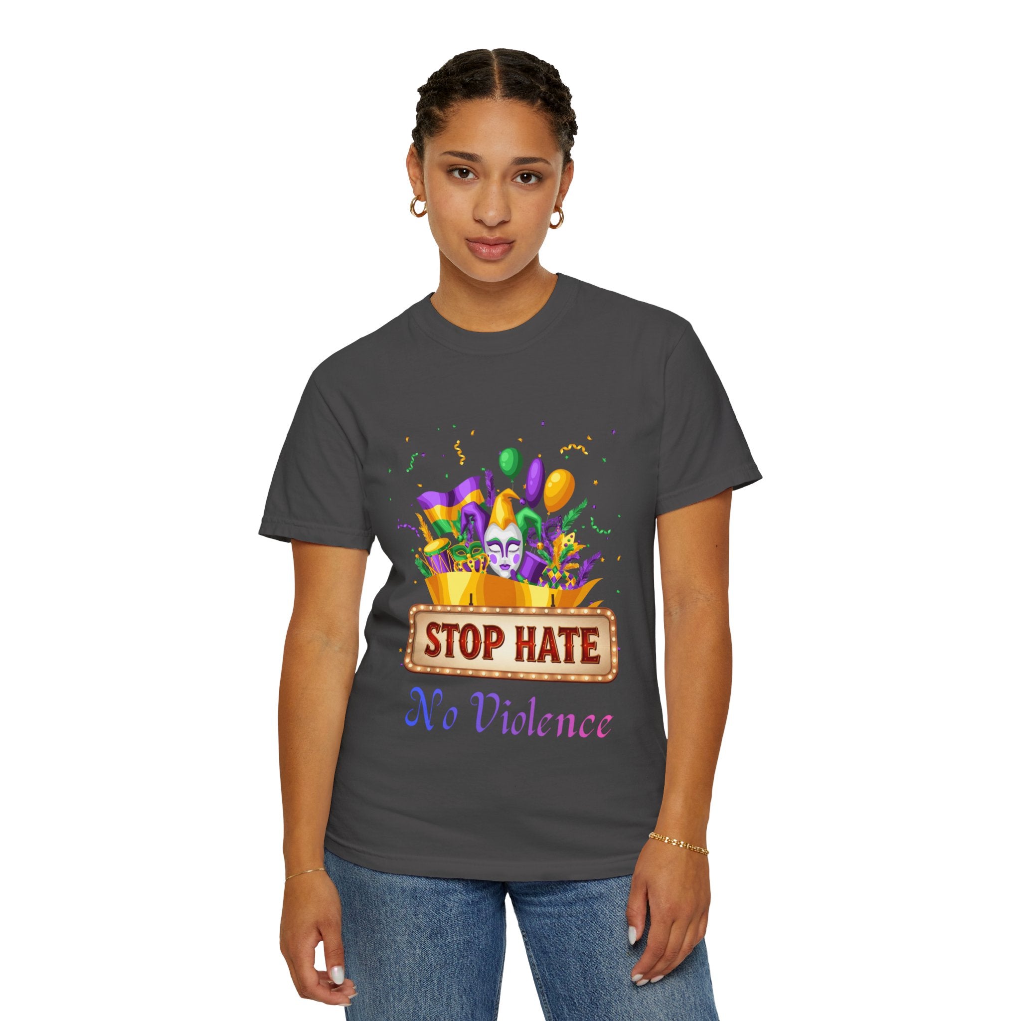 T-Shirt — "Stop Hate, No Violence" Mardi Gras Parade Design